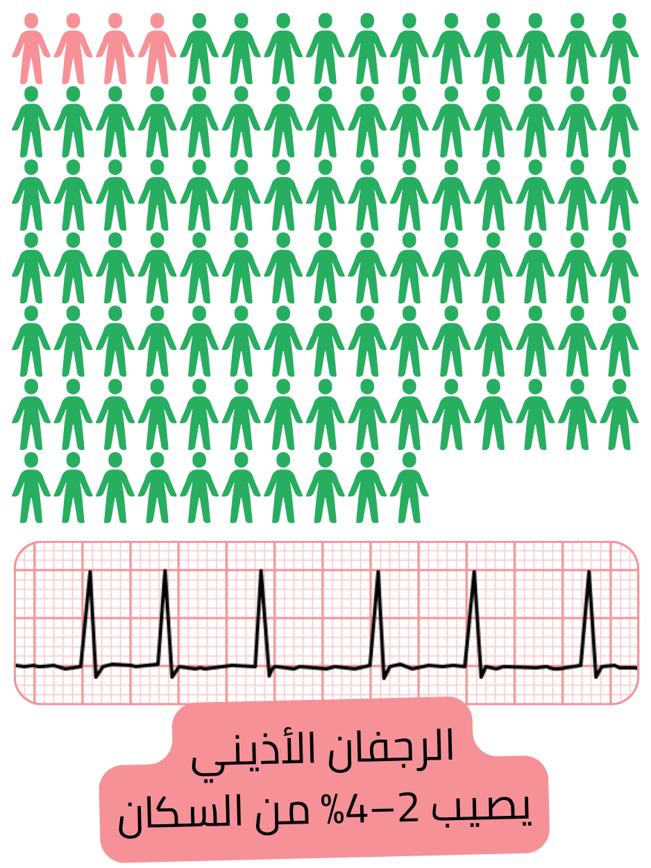 إنفوجرافيك يوضح انتشار الرجفان الأذيني في عموم السكان بنسبة تقارب 2–4٪.