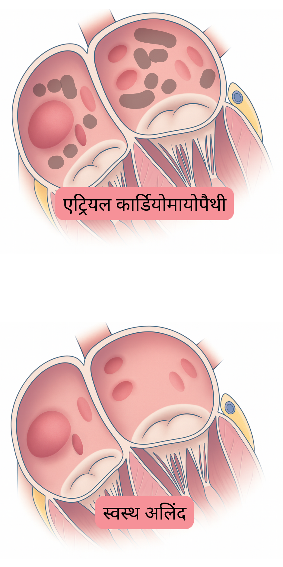 चित्रण जो एट्रियल कार्डियोमायोपैथी की तुलना स्वस्थ एट्रिया से करता है और एट्रियल फिब्रिलेशन से संबंधित संरचनात्मक व ऊतक परिवर्तनों को दर्शाता है।