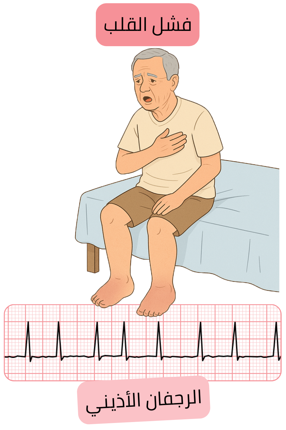 رسم توضيحي يبيّن العلاقة بين الرجفان الأذيني وفشل القلب مع تسجيل تخطيط القلب لاضطراب النظم.