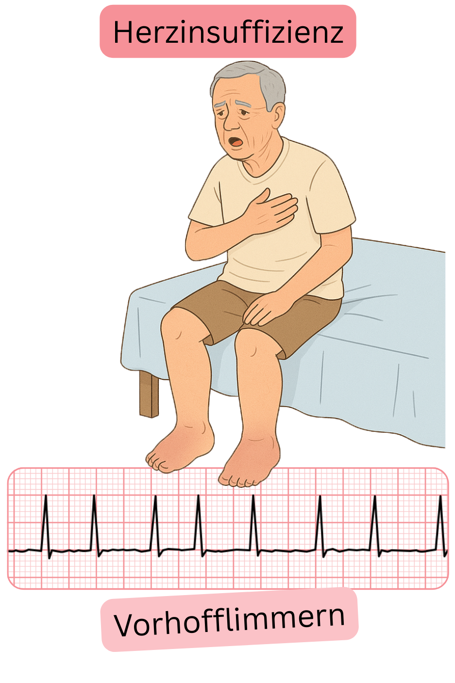 Illustration zur Darstellung des Zusammenhangs zwischen Vorhofflimmern und Herzinsuffizienz mit EKG-Aufzeichnung der Arrhythmie.