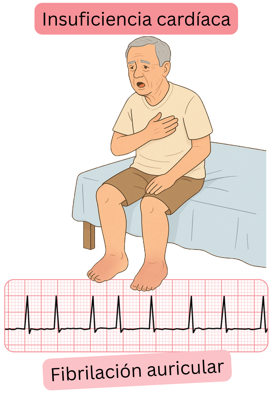 Ilustración que muestra la relación entre la fibrilación auricular y la insuficiencia cardíaca, con un registro ECG de la arritmia.