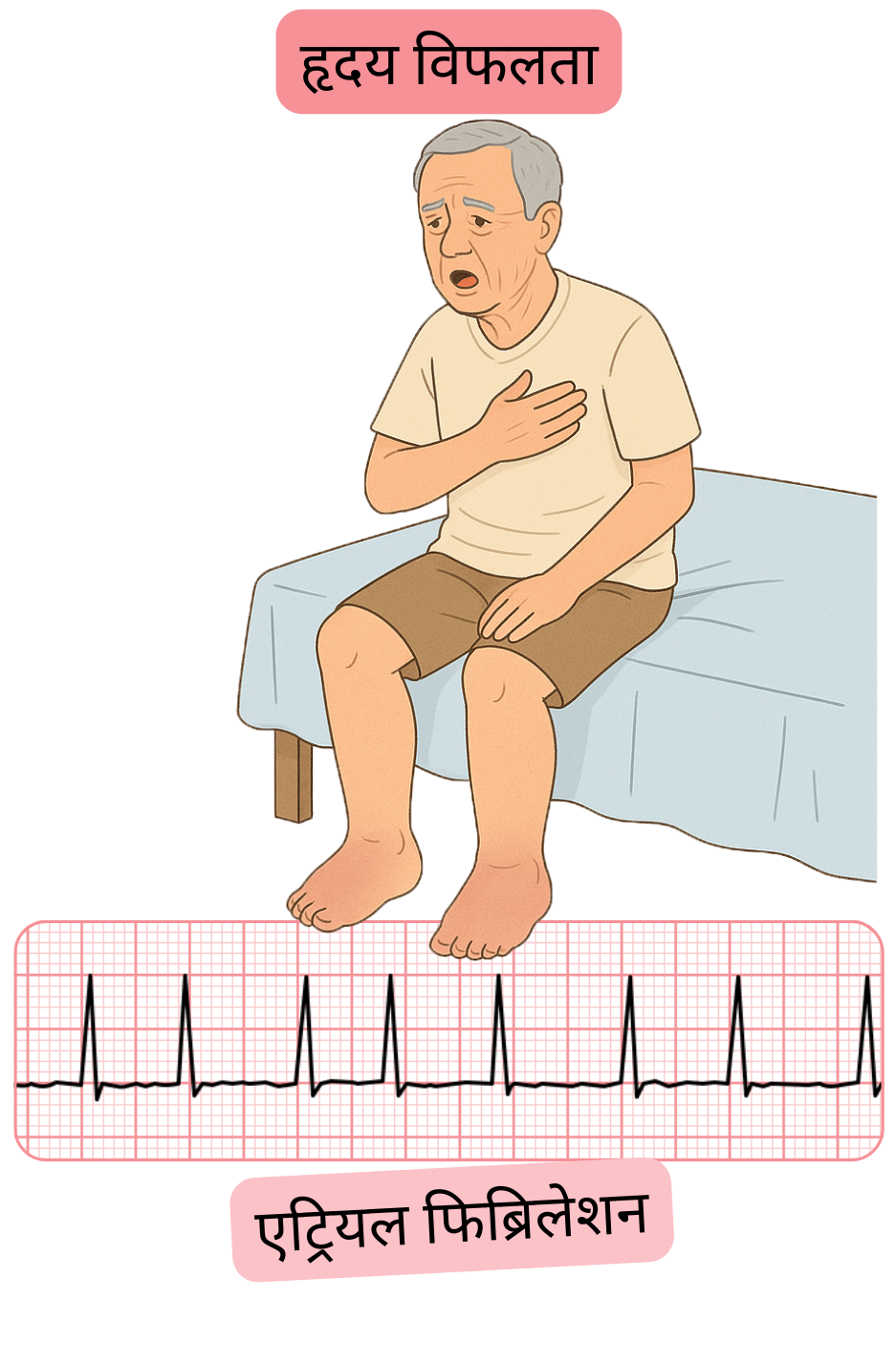 चित्रण जो एट्रियल फिब्रिलेशन और हृदय विफलता के बीच के संबंध को दर्शाता है, साथ में अतालता का ईसीजी रिकॉर्ड भी दिखाया गया है।