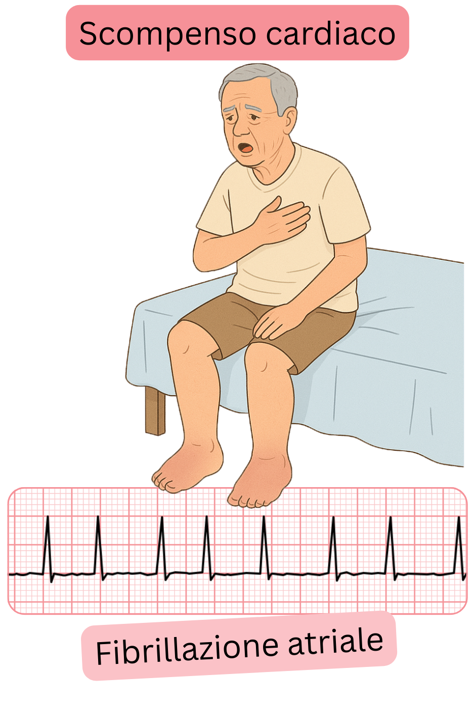 Illustrazione che evidenzia la relazione tra fibrillazione atriale e scompenso cardiaco con registrazione ECG dell’aritmia.