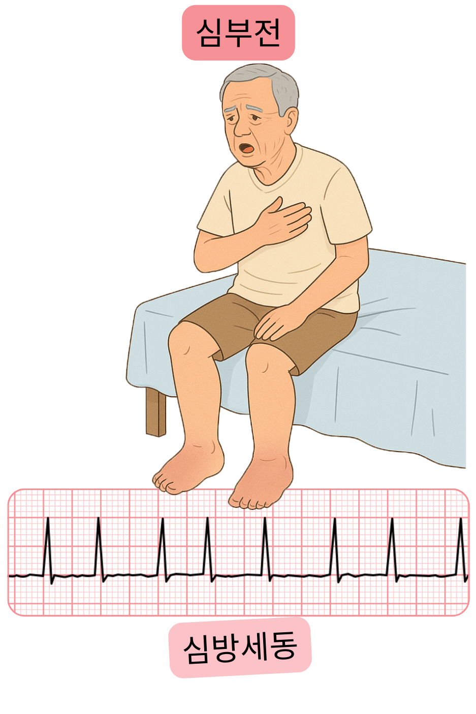 심방세동과 심부전의 연관성을 부정맥의 심전도 기록과 함께 보여주는 그림.