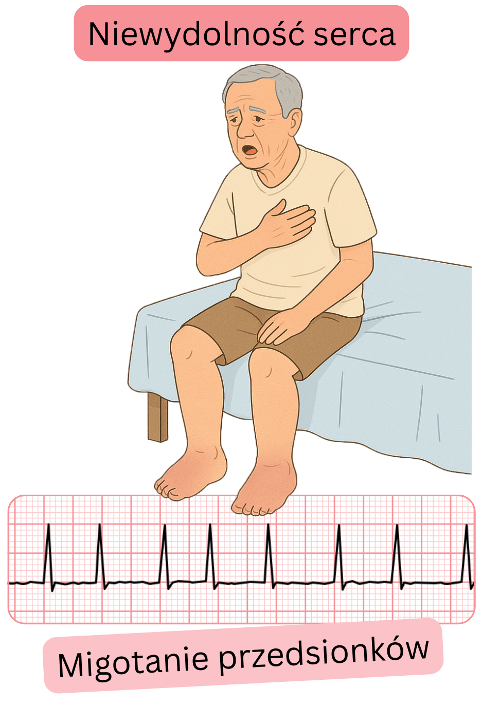 Ilustracja przedstawiająca związek między migotaniem przedsionków a niewydolnością serca wraz z zapisem EKG arytmii.