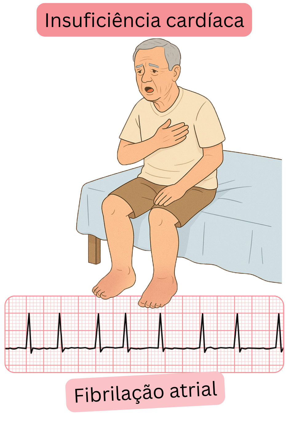 Ilustração que mostra a relação entre fibrilação atrial e insuficiência cardíaca, com registo ECG da arritmia.