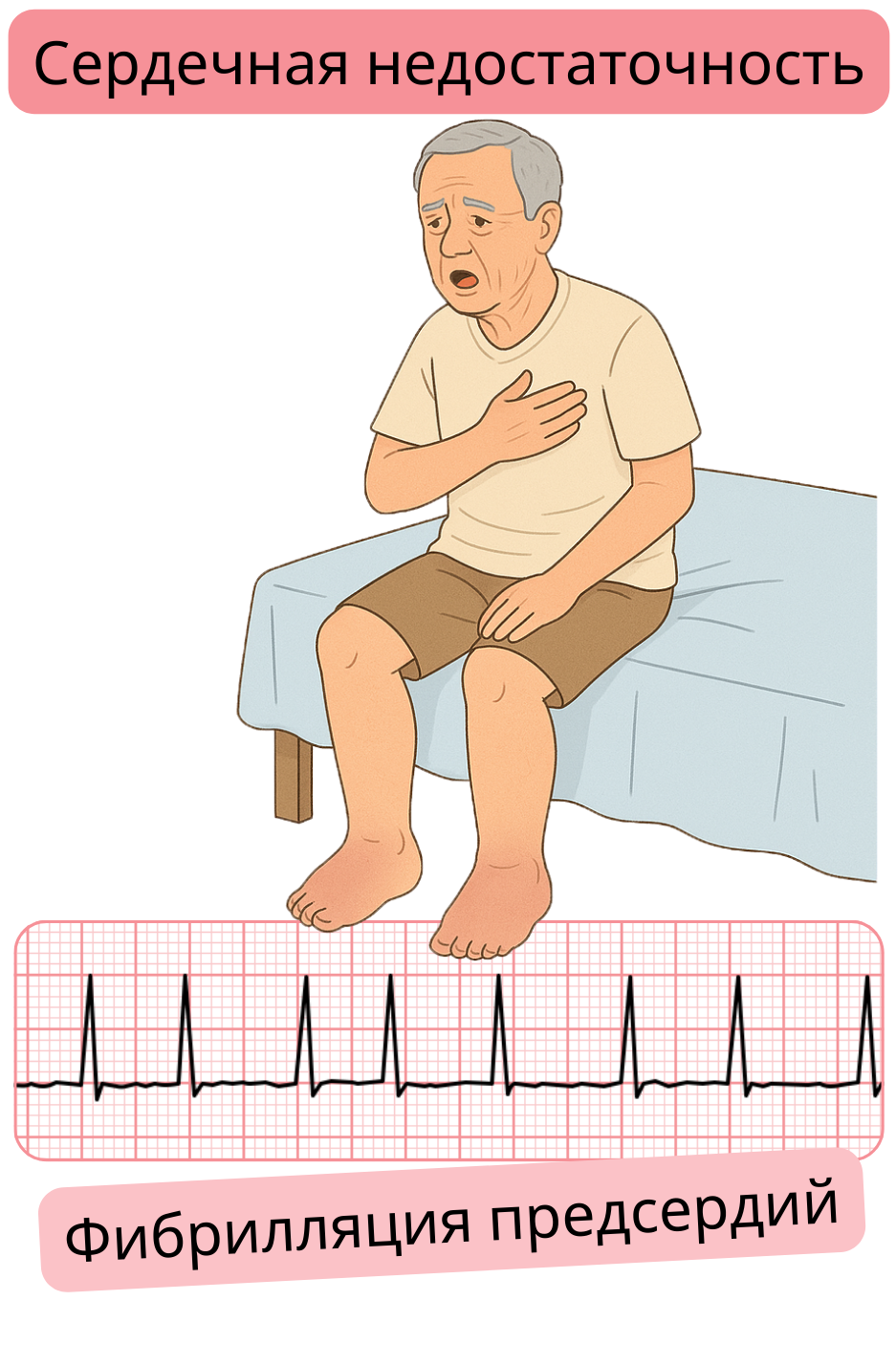 Иллюстрация, демонстрирующая связь между фибрилляцией предсердий и сердечной недостаточностью с ЭКГ-записью аритмии.