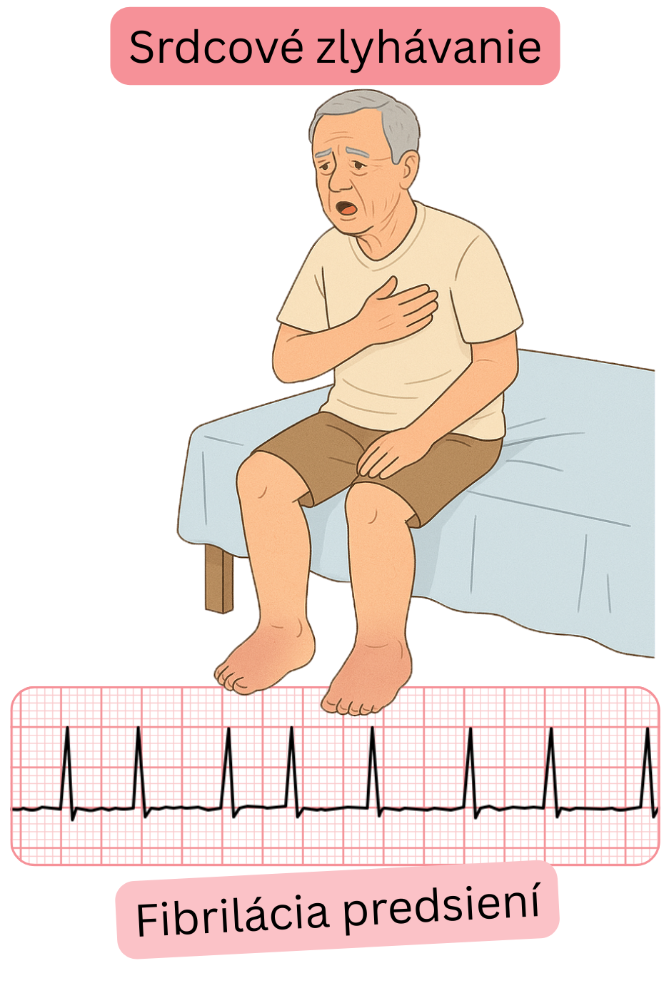 Ilustrácia znázorňujúca vzťah medzi fibriláciou predsiení a srdcovým zlyhávaním s EKG záznamom arytmie.