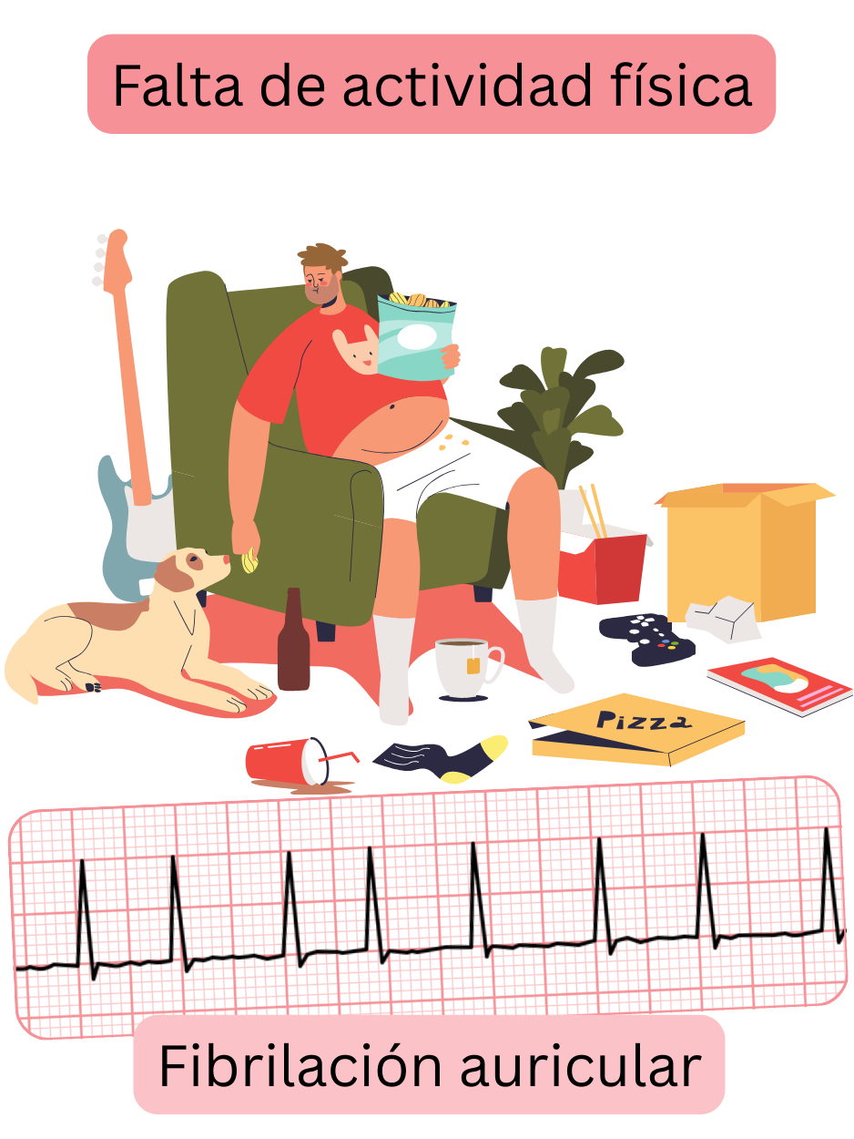 Ilustración que muestra la falta de actividad física como factor de riesgo de la fibrilación auricular, con un registro ECG de la arritmia.