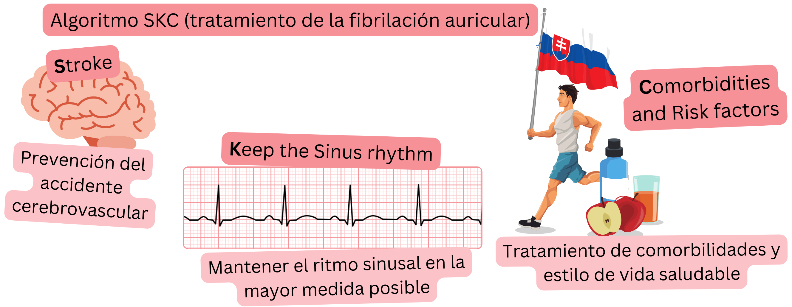 Infografía que muestra el algoritmo terapéutico SKC para la fibrilación auricular, centrado en la prevención del ictus, el mantenimiento del ritmo sinusal y el tratamiento de comorbilidades y factores de riesgo.