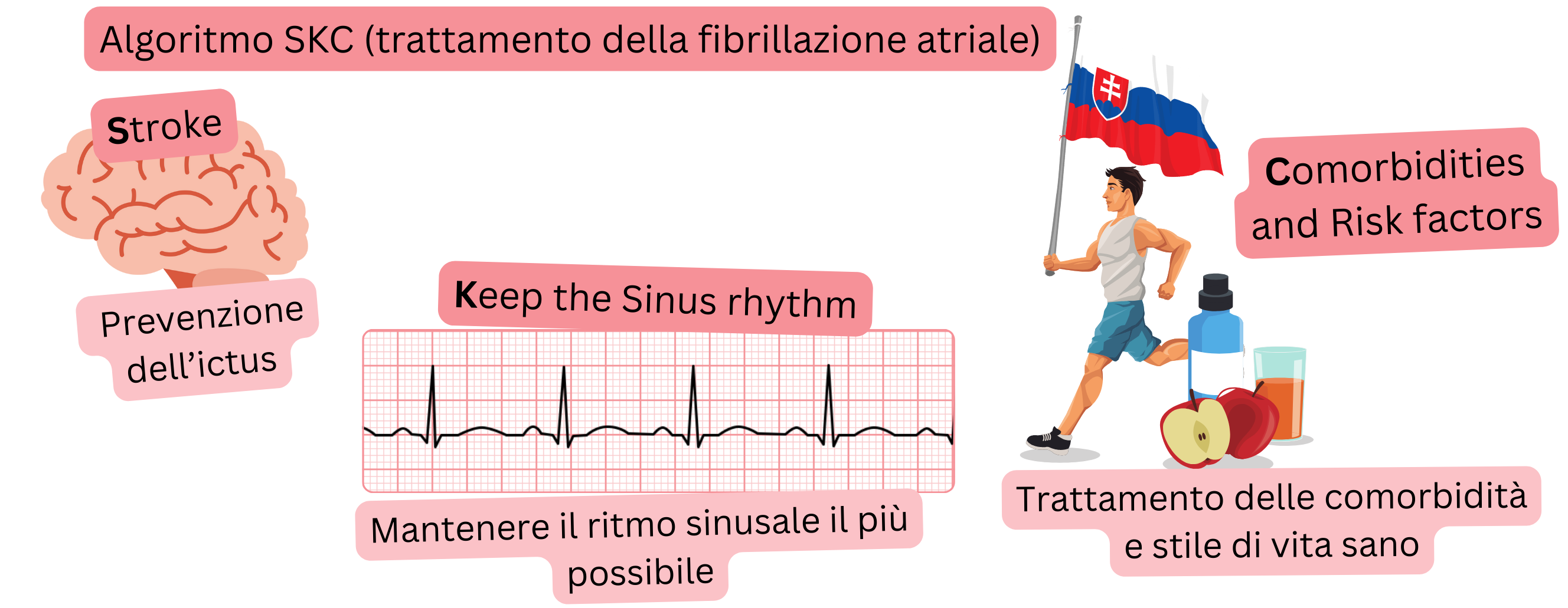 Infografica che illustra l’algoritmo terapeutico SKC della fibrillazione atriale, focalizzato sulla prevenzione dell’ictus, sul mantenimento del ritmo sinusale e sul trattamento delle comorbidità e dei fattori di rischio.
