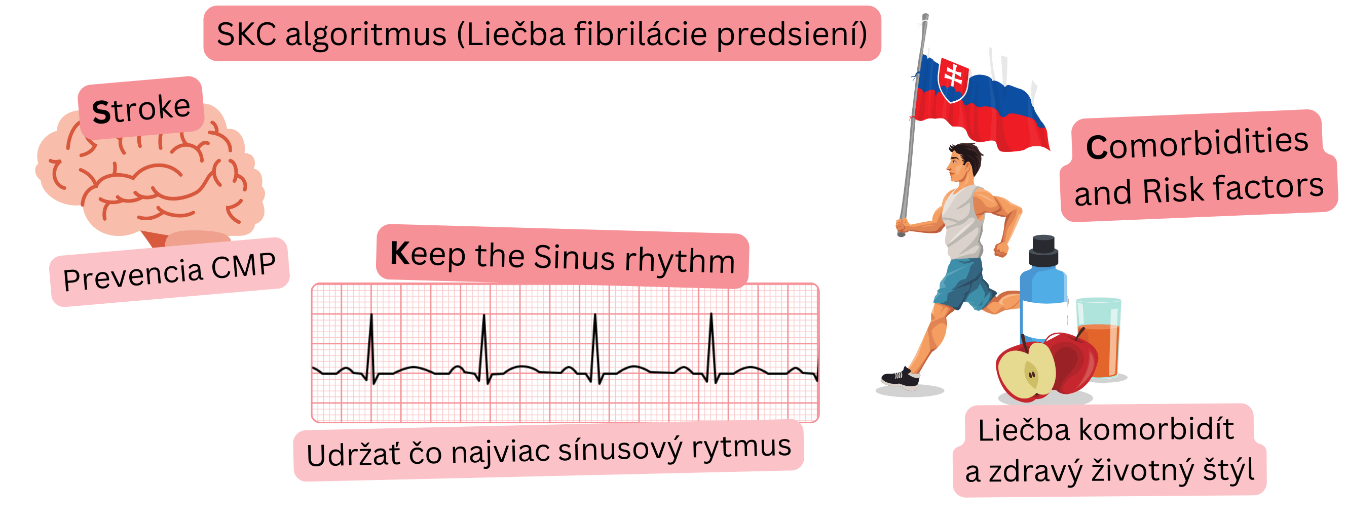 Infografika znázorňujúca SKC algoritmus liečby fibrilácie predsiení zameraný na prevenciu cievnej mozgovej príhody, udržanie sínusového rytmu a liečbu komorbidít a rizikových faktorov.