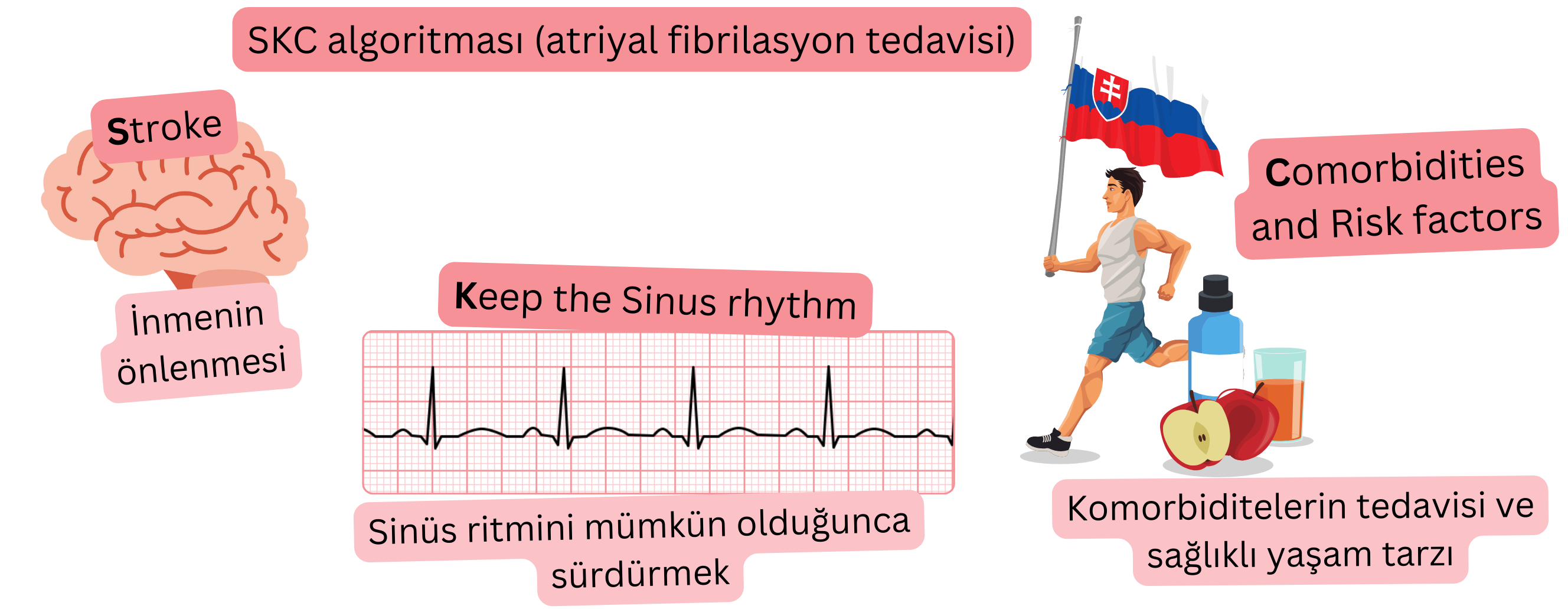 İnmenin önlenmesi, sinüs ritminin sürdürülmesi ve komorbiditeler ile risk faktörlerinin tedavisine odaklanan atriyal fibrilasyon için SKC tedavi algoritmasını gösteren infografik.