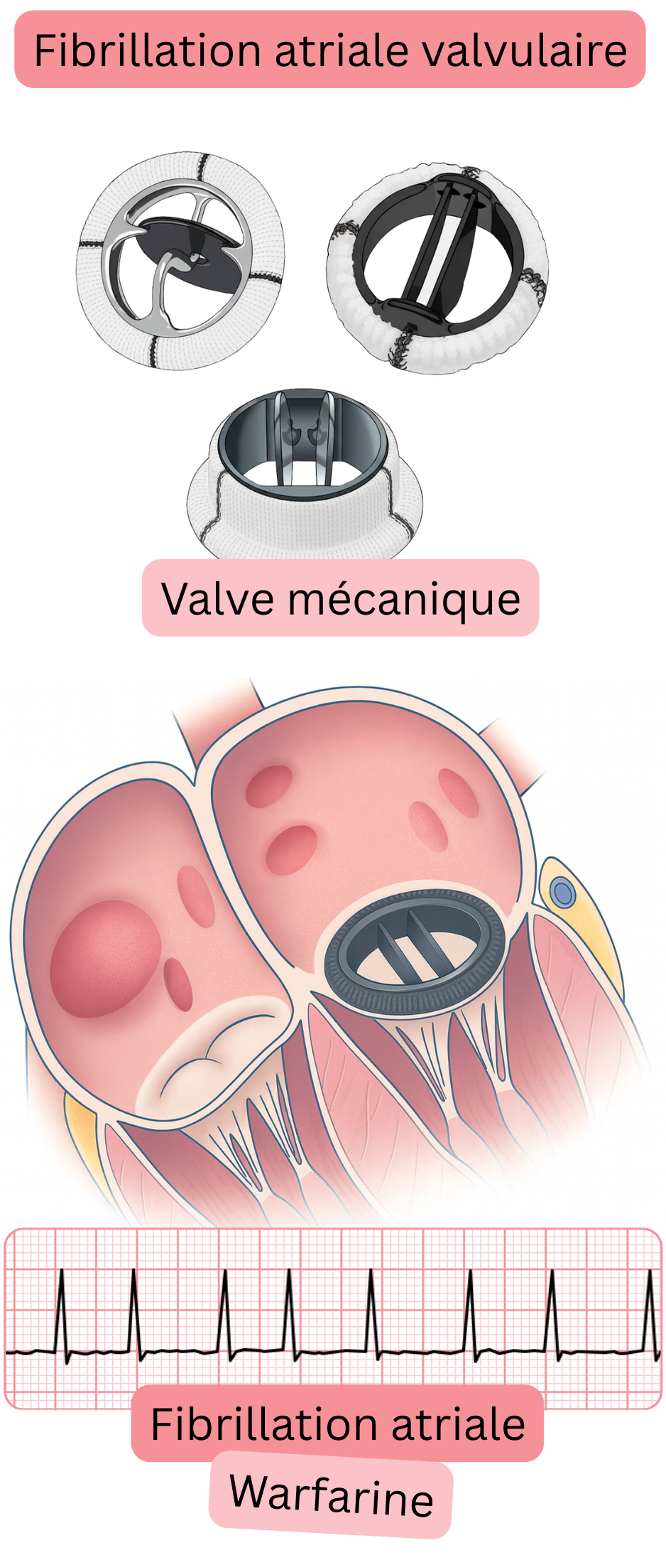 Illustration d’une fibrillation atriale valvulaire chez un patient porteur d’une valve cardiaque mécanique, avec un tracé ECG de fibrillation atriale et une indication d’anticoagulation par warfarine.