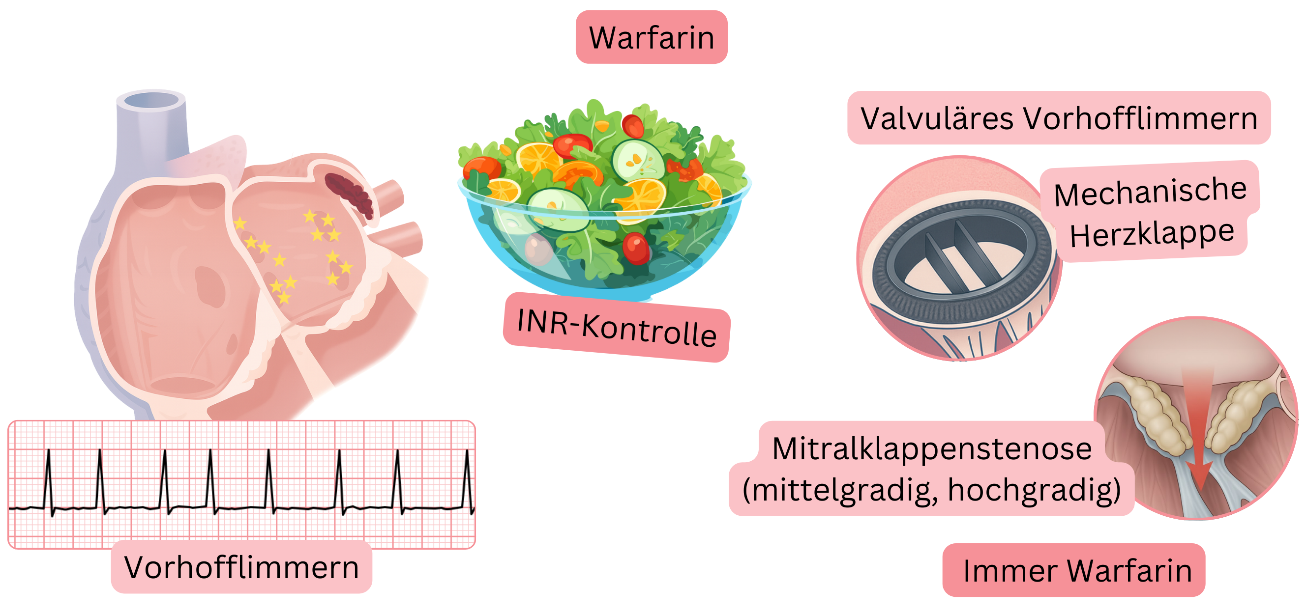 Infografik zur Darstellung von Vorhofflimmern mit Thrombus im linken Vorhofohr, der Indikation für Warfarin bei valvulärem Vorhofflimmern einschließlich mechanischer Herzklappen und mittelgradiger bis schwerer Mitralklappenstenose, mit Schwerpunkt auf der INR-Überwachung.