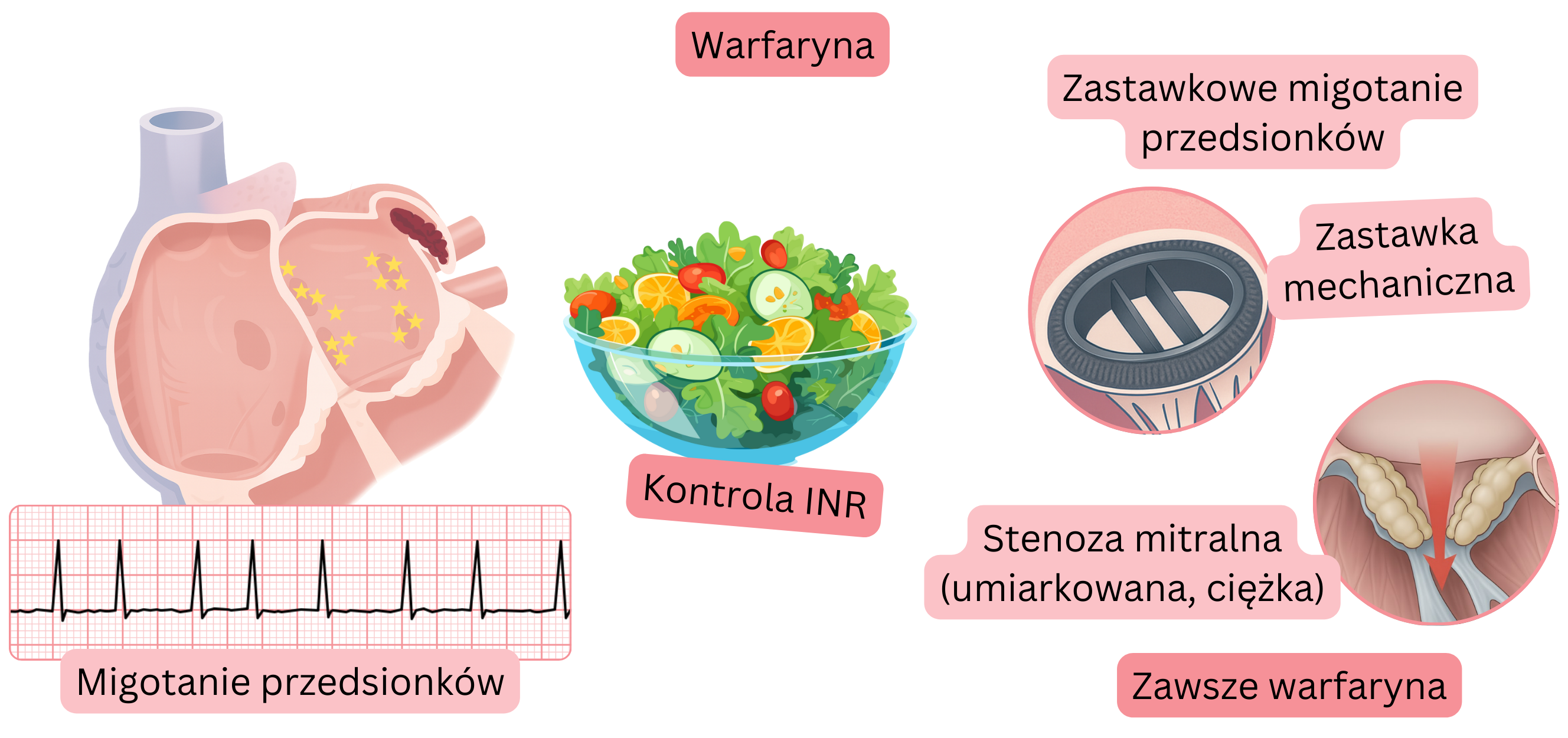 Infografika przedstawiająca migotanie przedsionków z zakrzepem w uszku lewego przedsionka, wskazania do warfaryny w zastawkowym migotaniu przedsionków, w tym przy zastawkach mechanicznych i umiarkowanej do ciężkiej stenozie mitralnej, z naciskiem na monitorowanie INR.