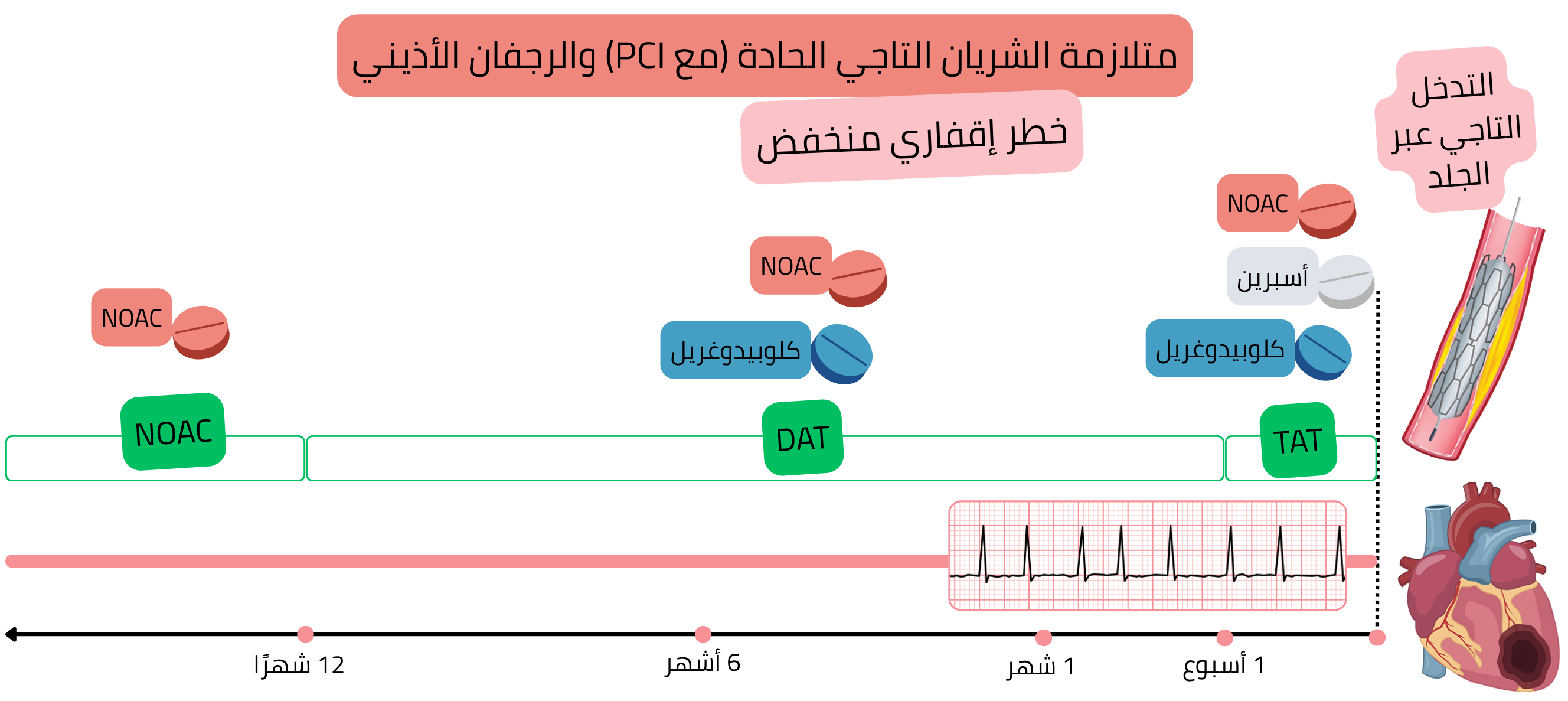 إنفوجرافيك يوضح استراتيجية العلاج المضاد للتخثر لدى مرضى المتلازمة التاجية الحادة بعد التدخل التاجي عبر الجلد مع الرجفان الأذيني وخطر إقفاري منخفض، مع الانتقال التدريجي من العلاج الثلاثي إلى الثنائي ثم إلى العلاج الأحادي بمضادات التخثر الفموية الحديثة.