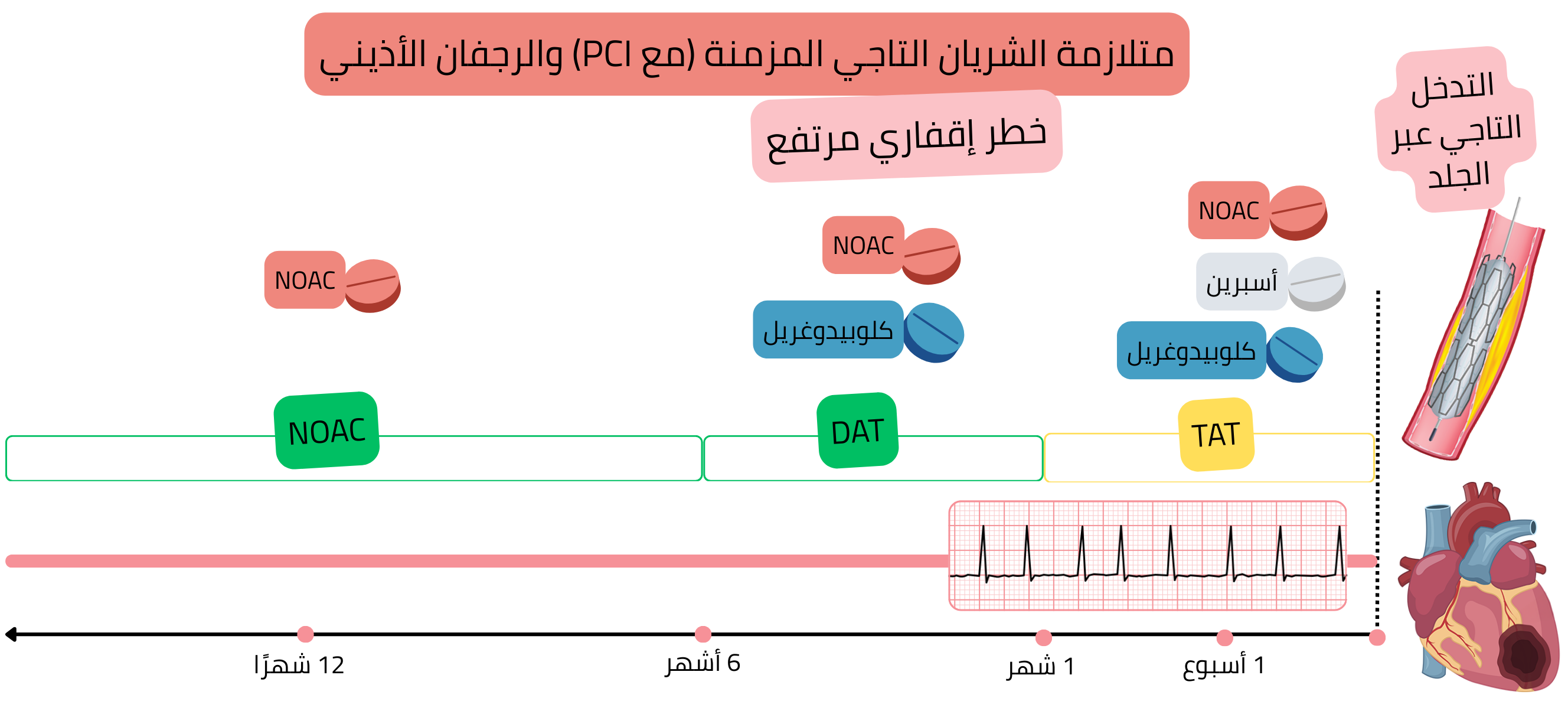 إنفوجرافيك يوضح استراتيجية العلاج المضاد للتخثر لدى مرضى المتلازمة التاجية المزمنة بعد التدخل التاجي عبر الجلد مع الرجفان الأذيني وخطر إقفاري مرتفع، مع علاج ثلاثي مبدئي يليه علاج ثنائي ثم الانتقال إلى العلاج الأحادي بمضادات التخثر الفموية الحديثة.