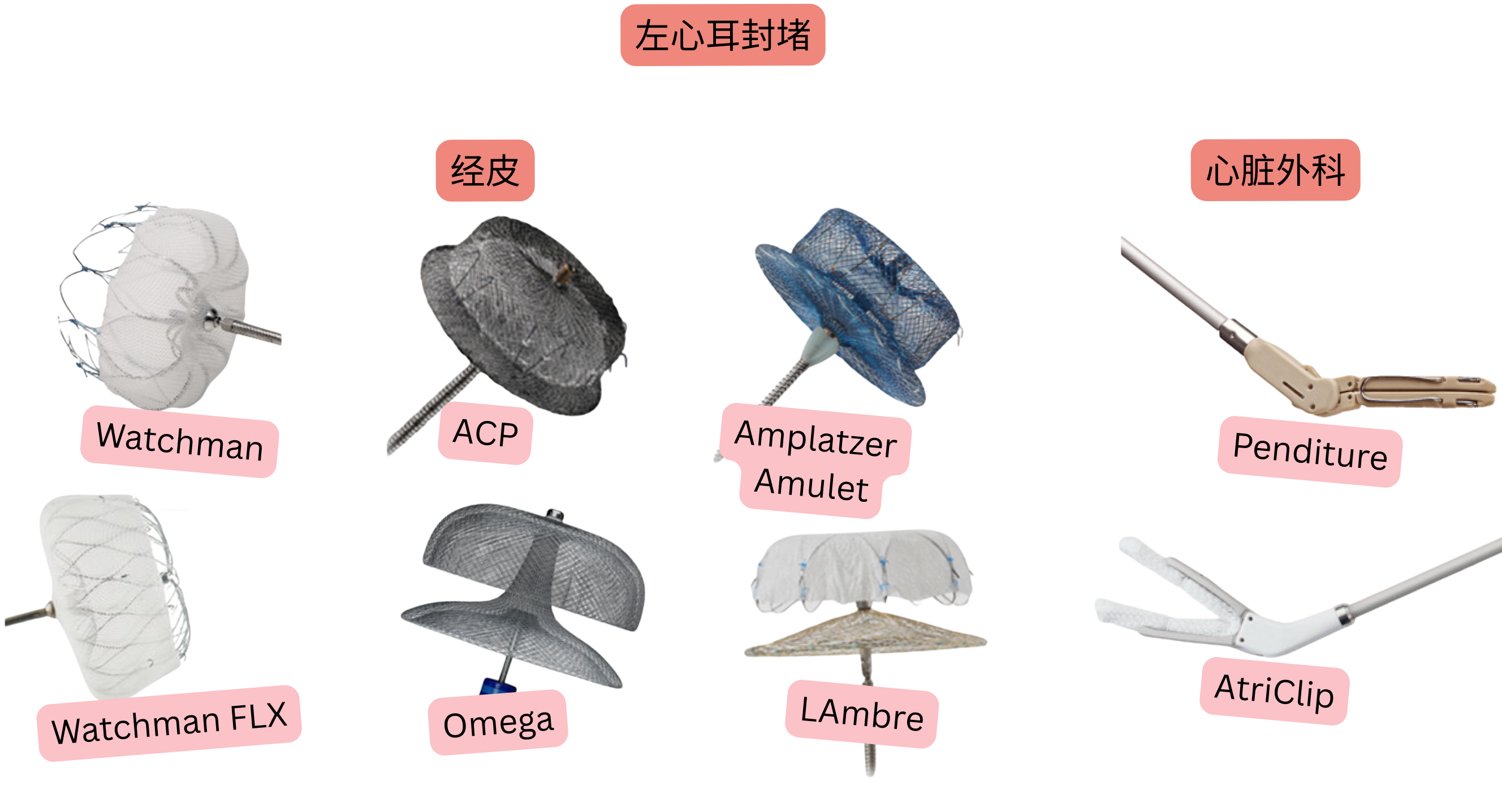 示意图展示采用经皮封堵装置 Watchman、Watchman FLX、ACP、Amplatzer Amulet、LAMBRE 和 Omega，以及外科系统 AtriClip 和 PendiTure 进行左心耳封堵，以预防心房颤动患者的血栓栓塞。