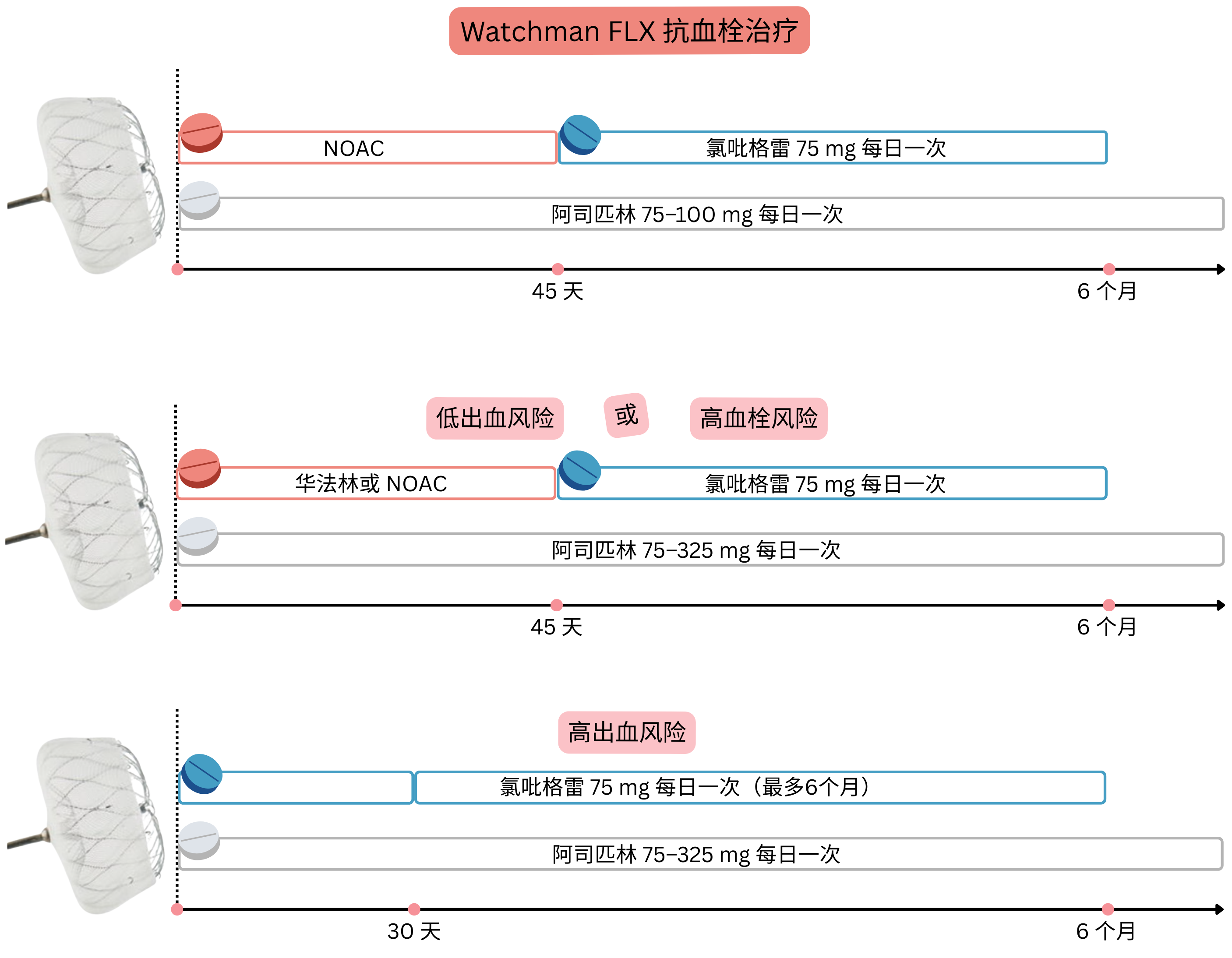 示意图展示 Watchman FLX 植入术后抗血栓治疗方案，包括根据出血风险和血栓风险在 6 个月内采用 NOAC、华法林、氯吡格雷和阿司匹林的策略。