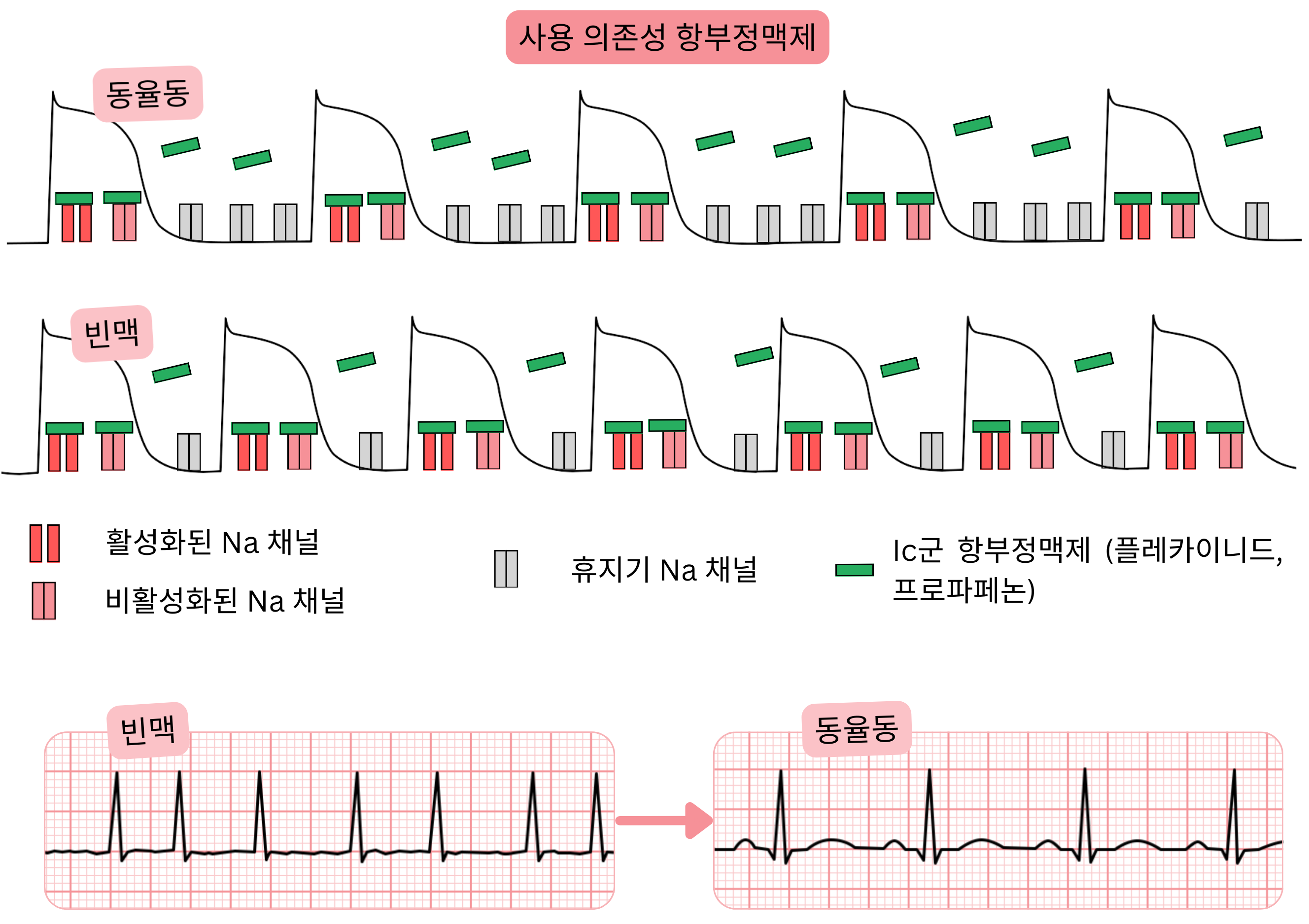 IC군 항부정맥제의 사용 의존성을 나타낸 도식으로, 동율동과 비교한 빈맥에서의 주파수 의존적 나트륨 채널 차단과 플레카이니드 및 프로파페논의 효과를 보여준다.