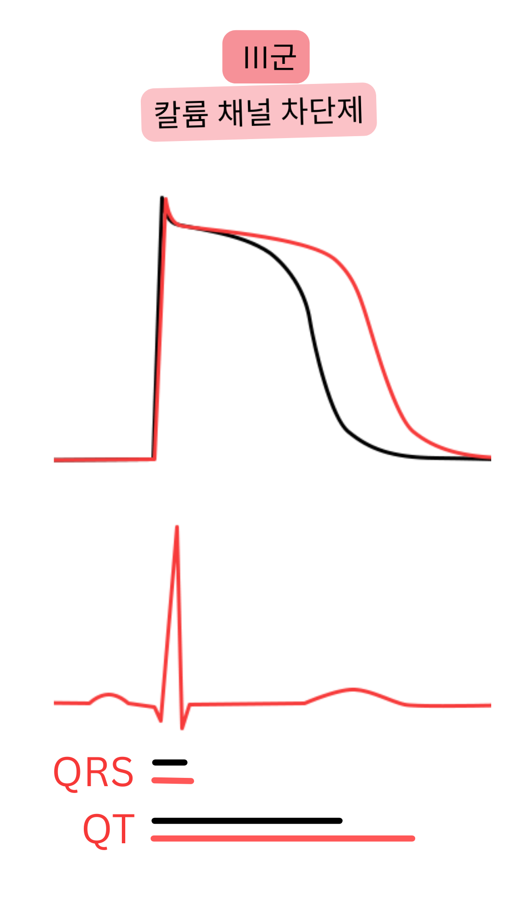 III군 항부정맥제인 칼륨 채널 차단제의 효과를 나타낸 도식으로, 활동전위 재분극과 QT 간격의 연장을 보여주며 QRS 복합체의 폭은 변하지 않는다.