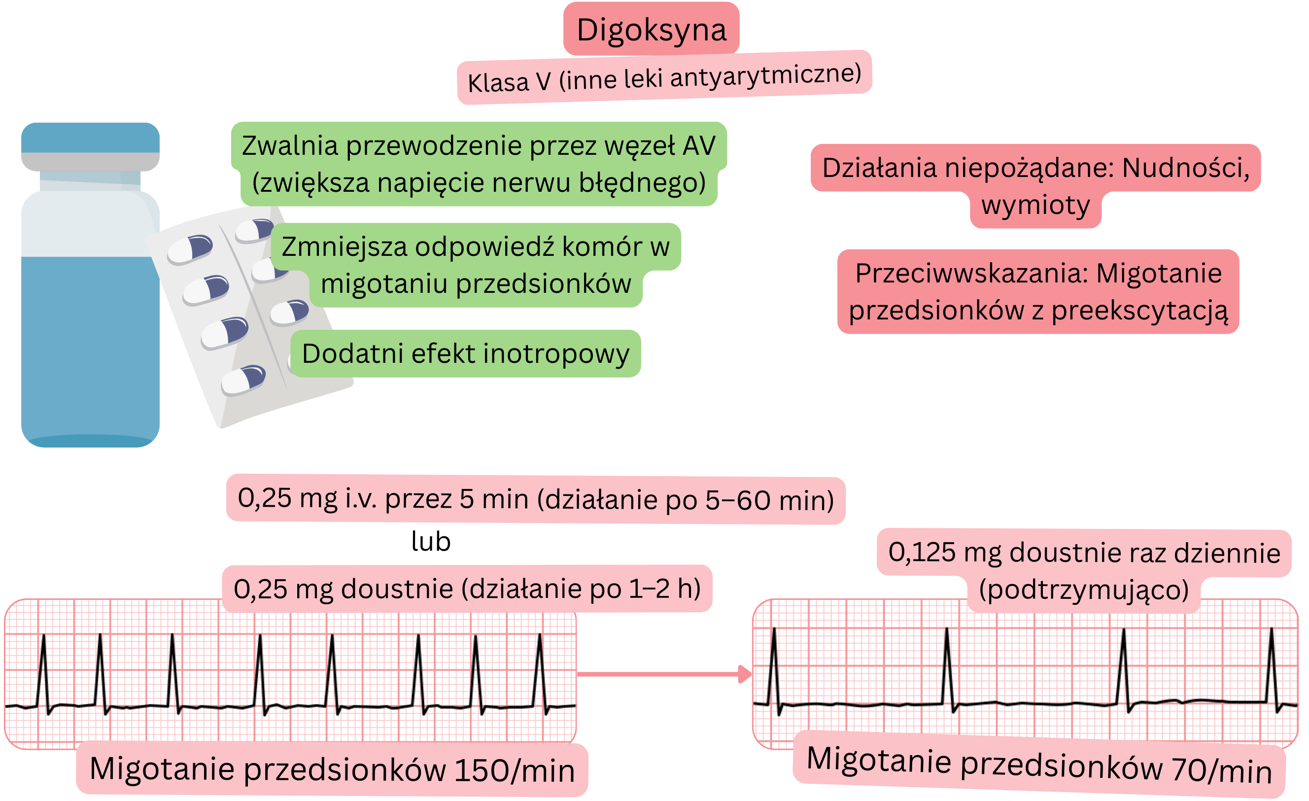 Schemat działania digoksyny jako leku antyarytmicznego klasy V, przedstawiający wagotoniczne spowolnienie przewodzenia przez węzeł przedsionkowo-komorowy, zmniejszenie odpowiedzi komorowej w migotaniu przedsionków oraz dodatni efekt inotropowy.