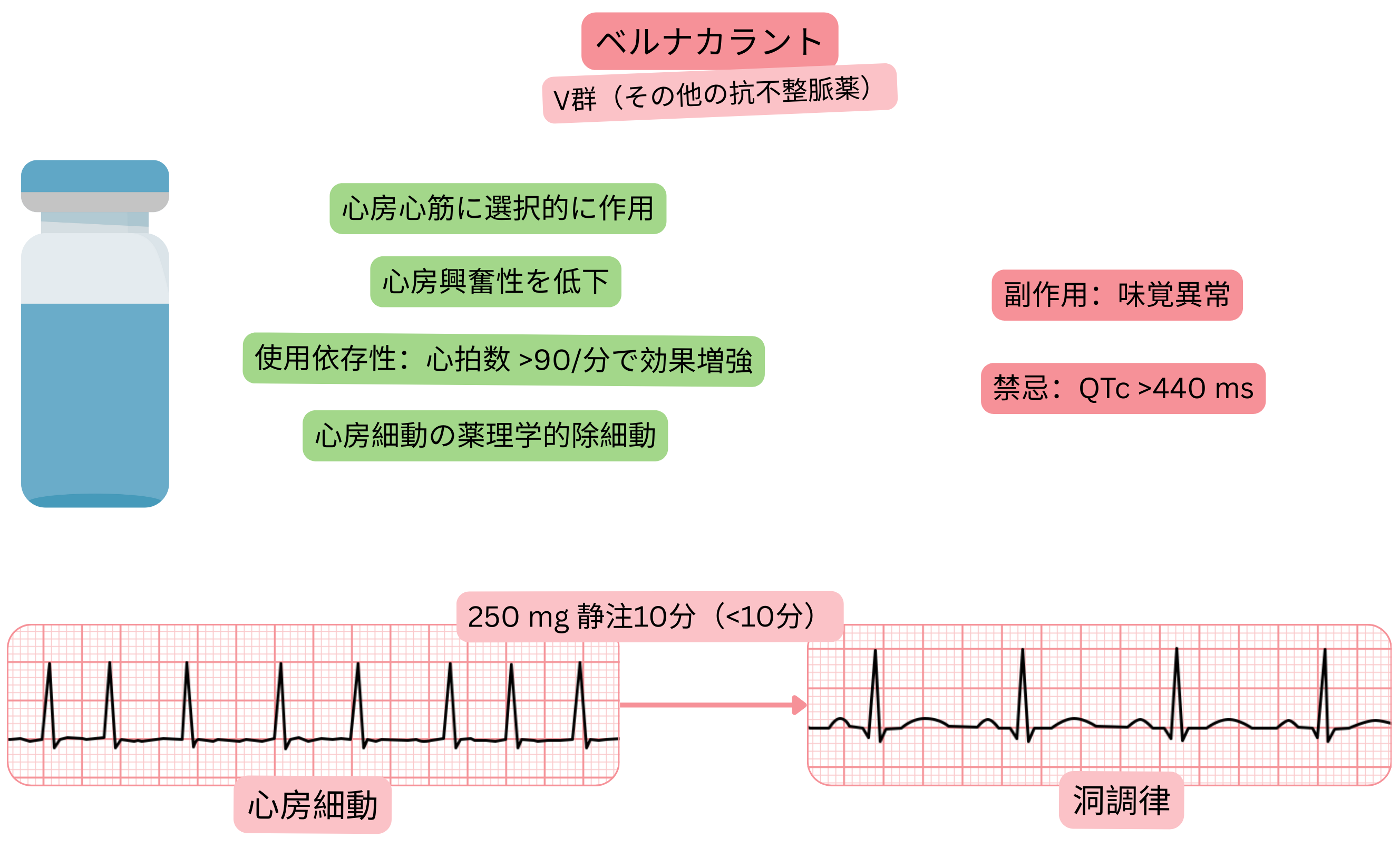 V群抗不整脈薬としてのベルナカラントの作用を示す模式図で、心房筋への選択的作用、心房興奮性の低下、および心房細動の薬物的洞調律化を示す。