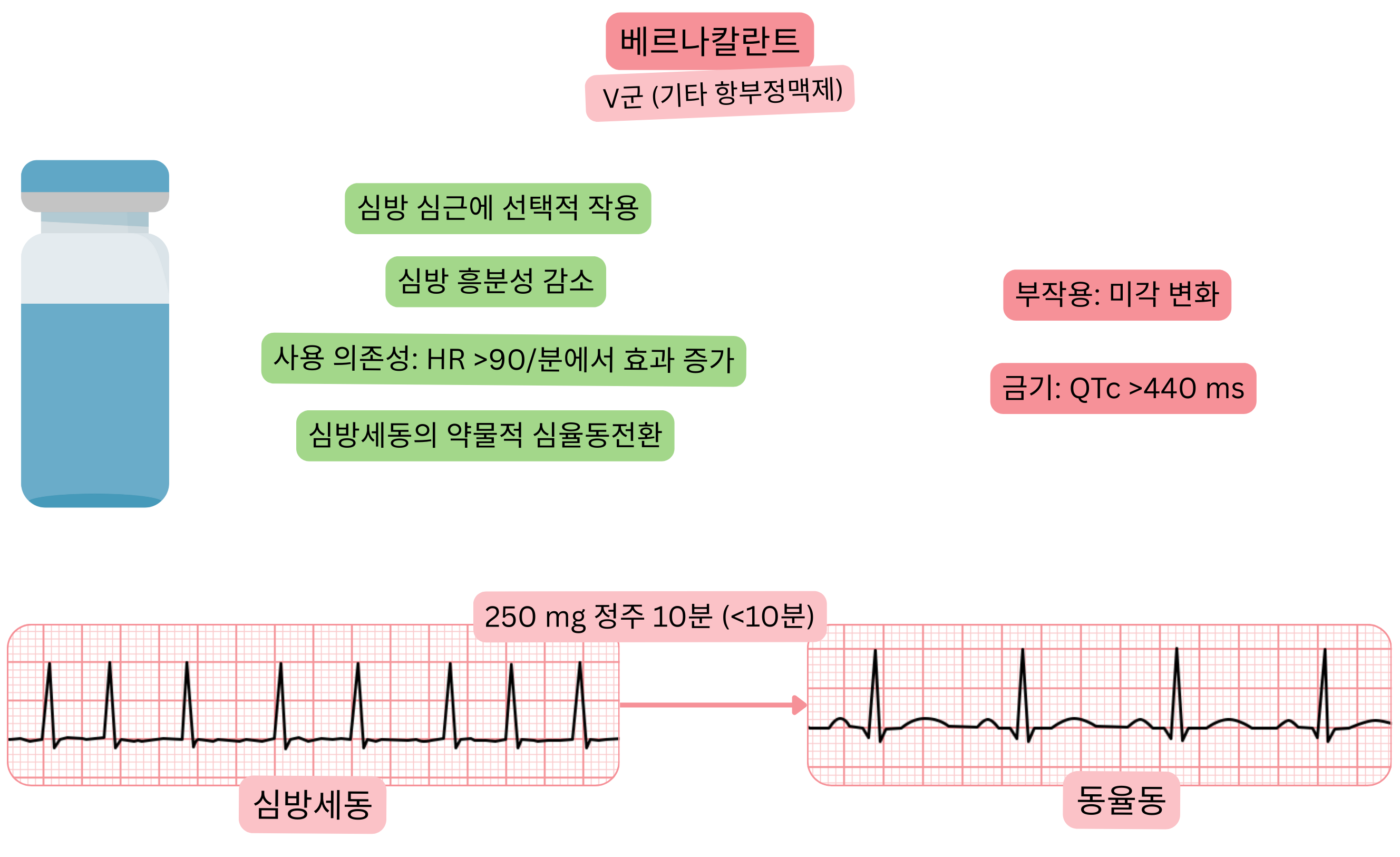 V군 항부정맥제로서 베르나칼란트의 효과를 나타낸 도식으로, 심방 심근에 대한 선택적 작용, 심방 흥분성 감소 및 심방세동의 약물적 동율동 전환을 보여준다.