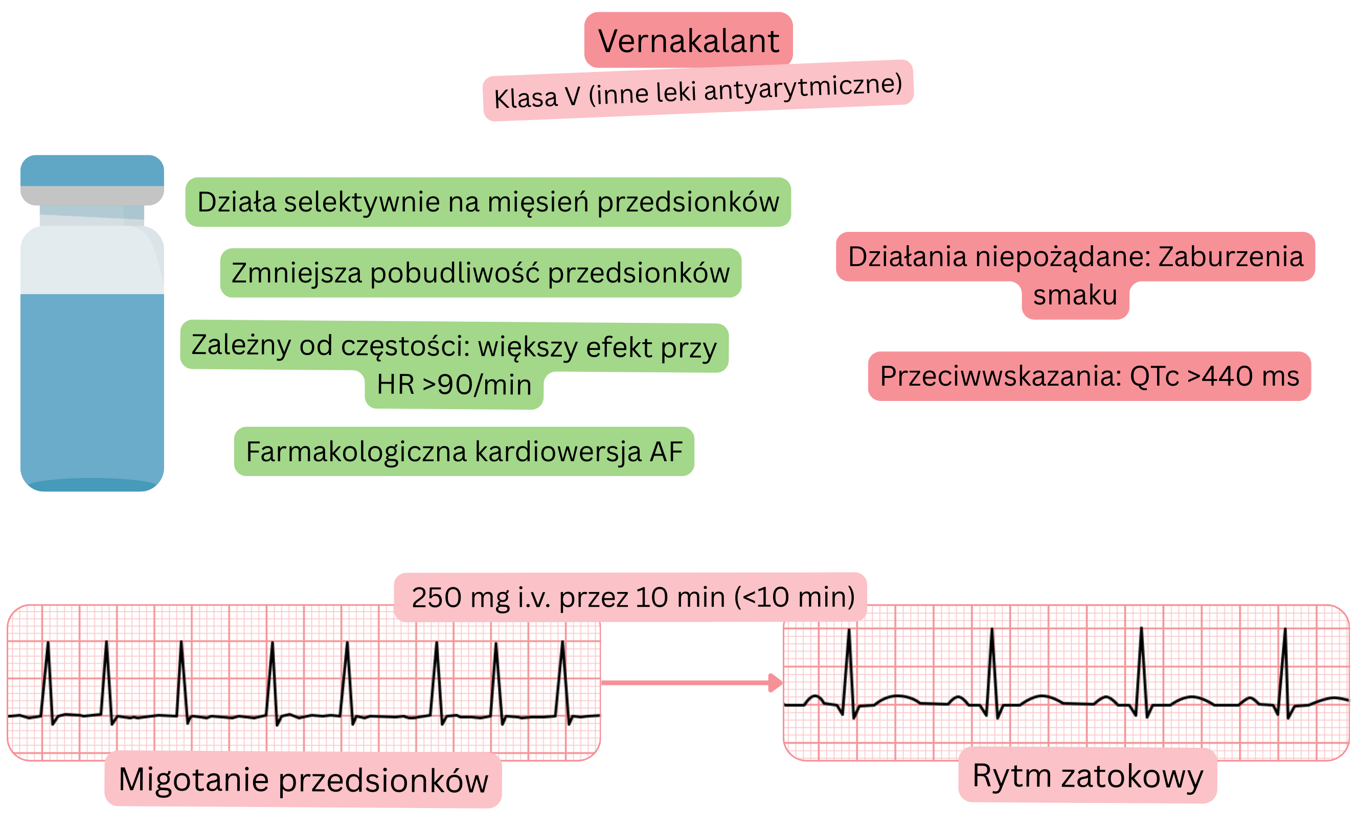 Schemat działania wernakalantu jako leku antyarytmicznego klasy V, przedstawiający selektywny wpływ na mięsień przedsionków, zmniejszenie pobudliwości przedsionków oraz farmakologiczną kardiowersję migotania przedsionków do rytmu zatokowego.