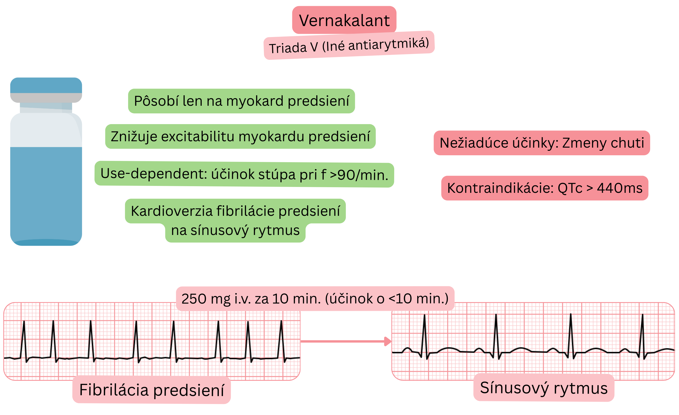 Schéma účinku vernakalantu ako antiarytmika triedy V znázorňujúca selektívny účinok na myokard predsiení, zníženie excitability predsiení a farmakologickú kardioverziu fibrilácie predsiení na sínusový rytmus.
