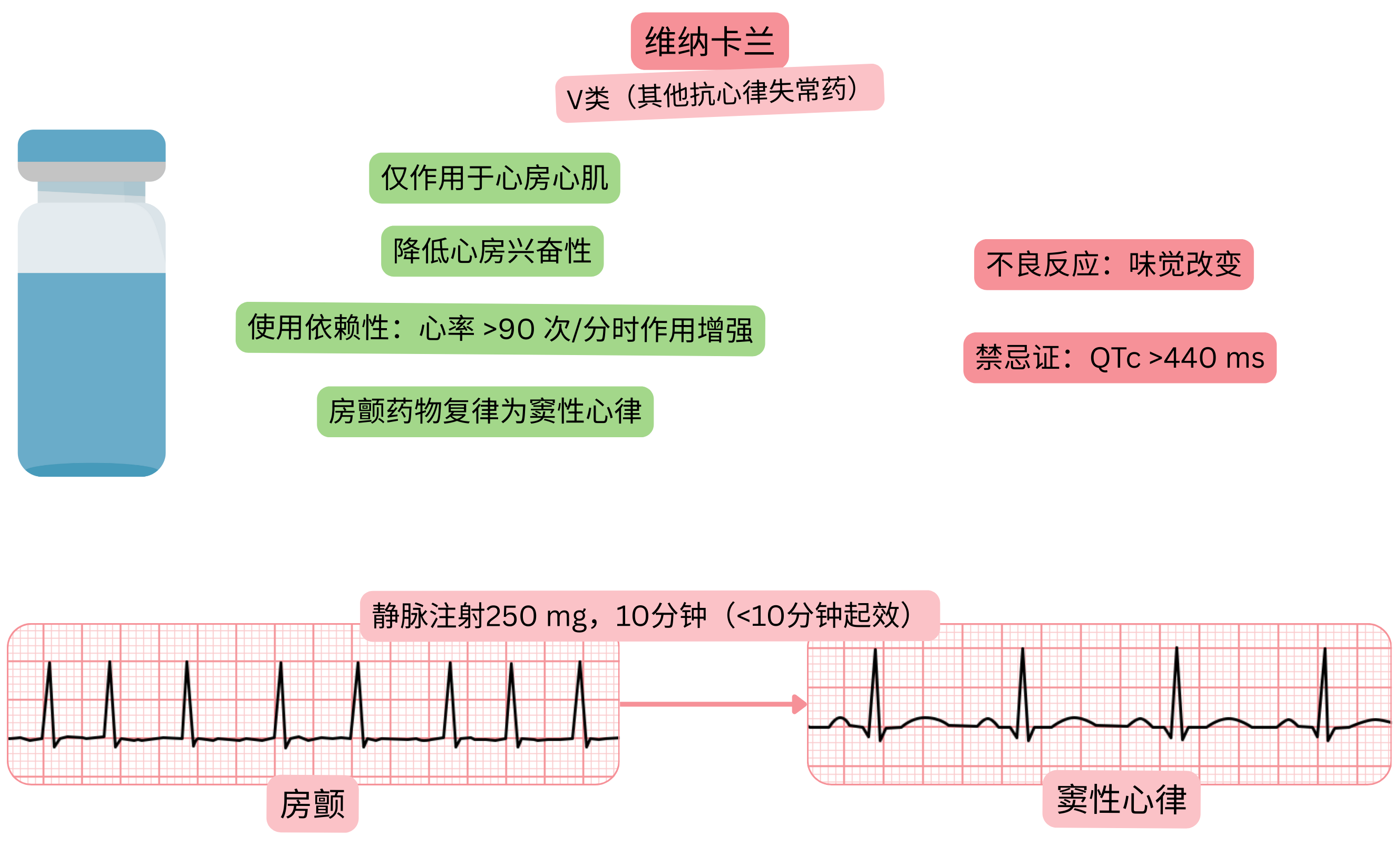 维尔那卡兰作为V类抗心律失常药物的作用示意图，显示其对心房心肌的选择性作用、心房兴奋性降低以及将心房颤动药物复律为窦性心律。