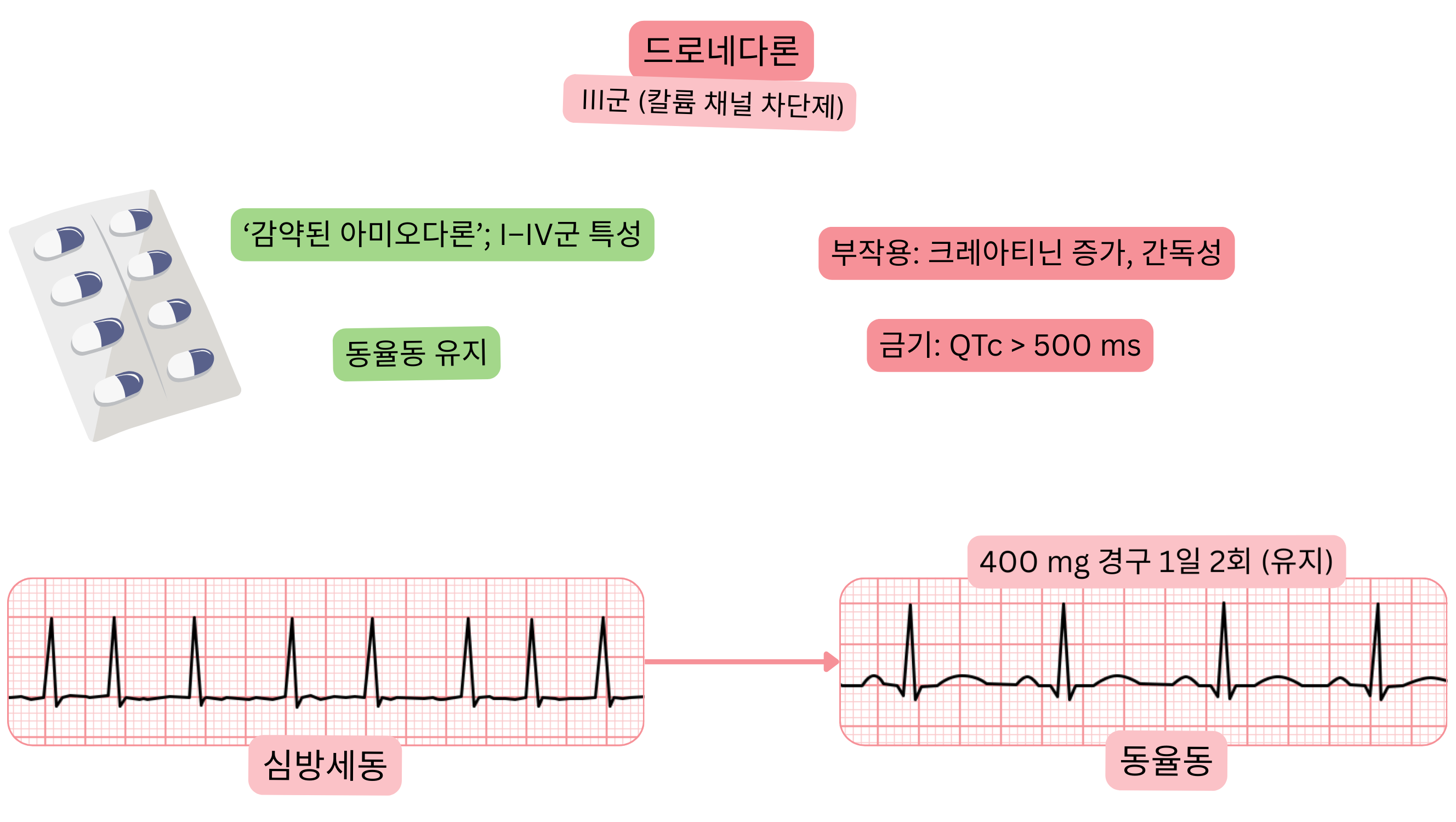 III군 항부정맥제로서 드로네다론의 효과를 나타낸 도식으로, 다중 채널 작용, 동율동 유지 및 심방세동의 약물 치료를 보여준다.