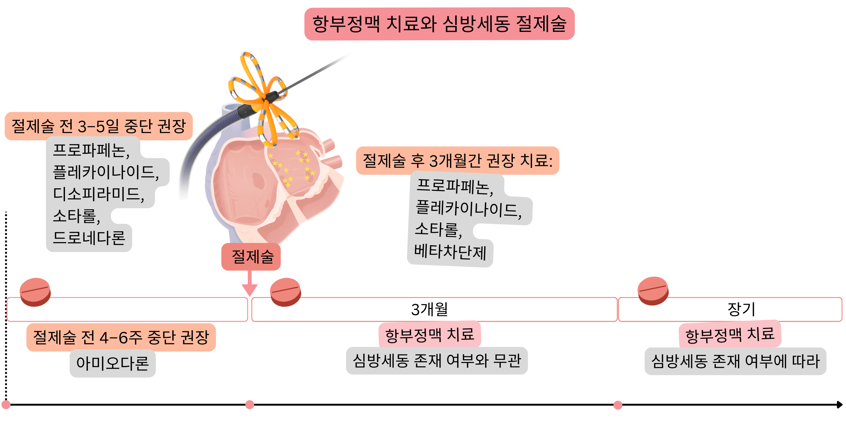 심방세동 카테터 절제술과 관련된 항부정맥 치료 관리 도식으로, 시술 전 약물 중단, 초기 3개월간의 선호 치료 및 심방세동 존재 여부에 따른 장기 전략을 보여준다.