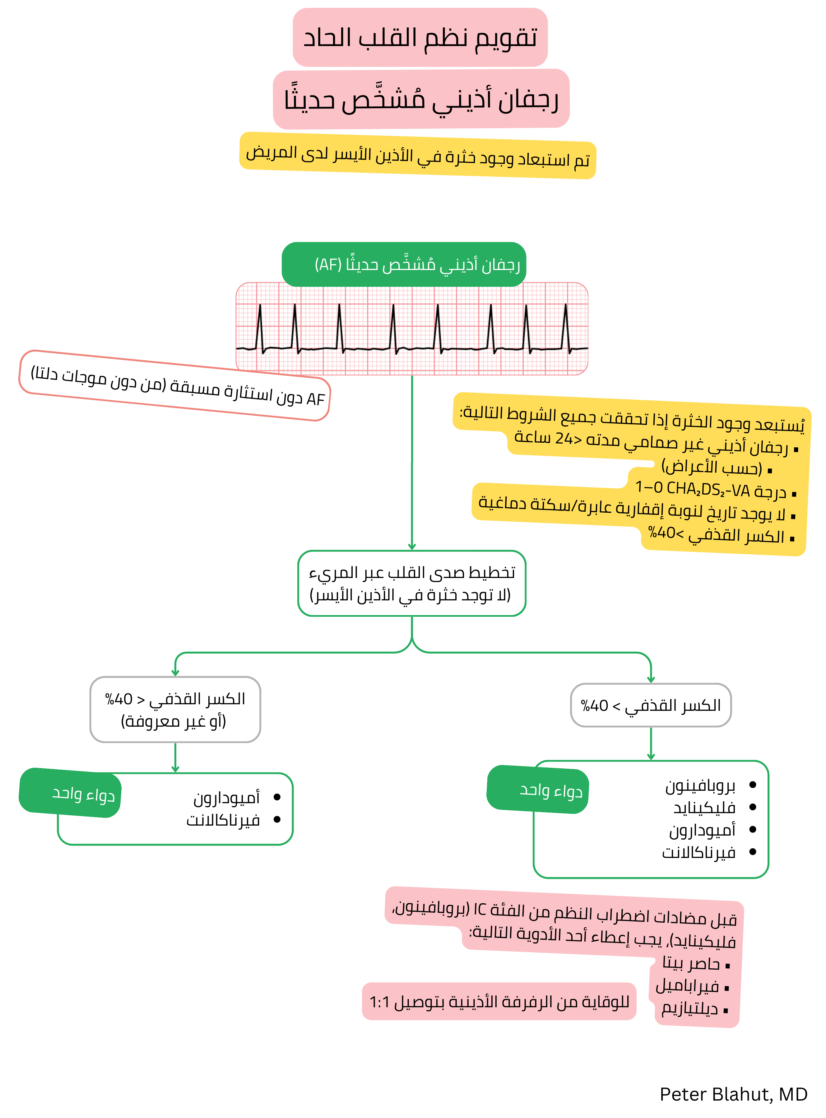خوارزمية توصيات للتقويم القلبي الحاد في الرجفان الأذيني حديث التشخيص دون استثارة مسبقة مع اختيار مضادات اضطراب النظم وفق الكسر القذفي للبطين الأيسر.