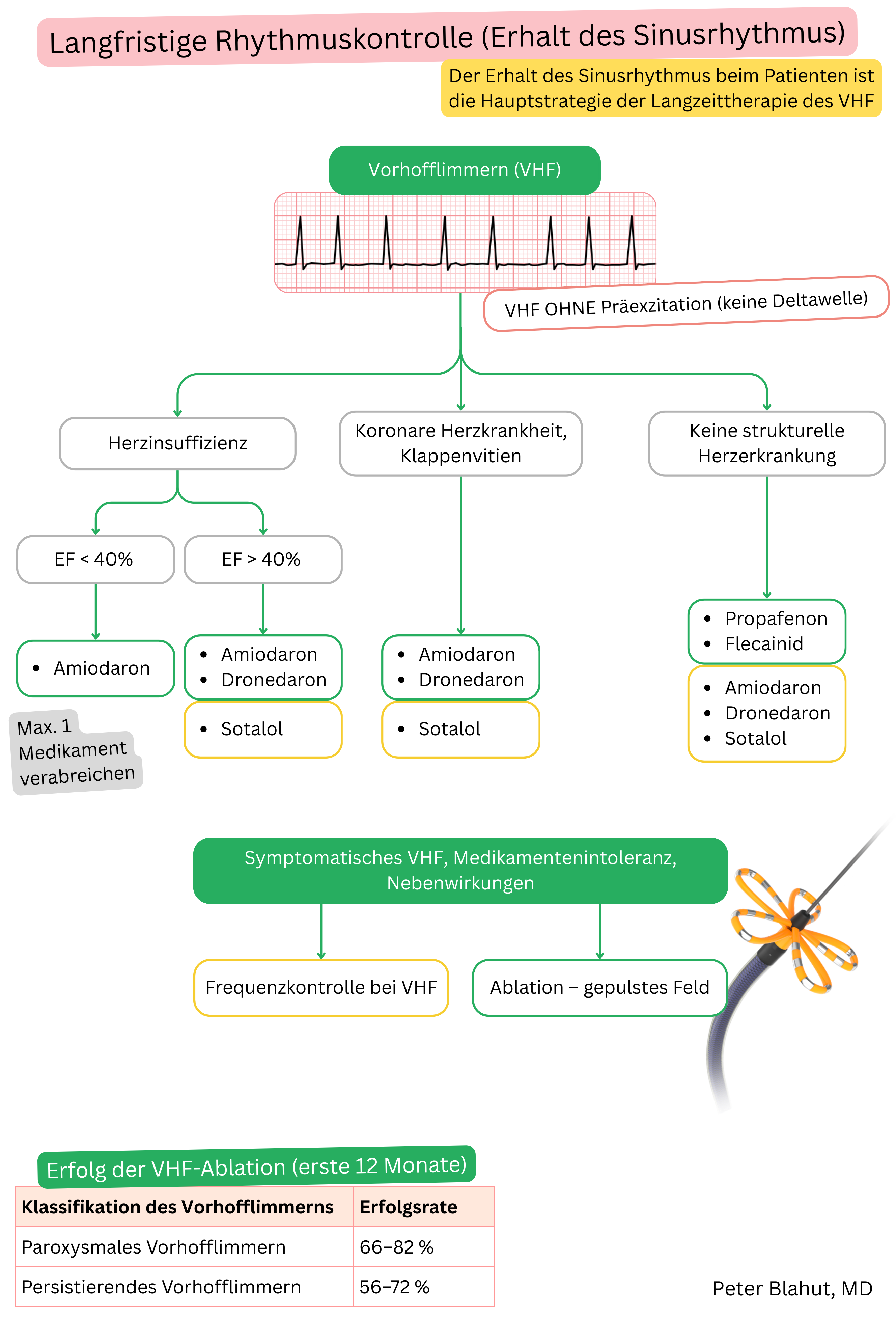 Leitlinienalgorithmus zur langfristigen Rhythmuskontrolle bei Vorhofflimmern mit Auswahl von Antiarrhythmika nach struktureller Herzerkrankung und linksventrikulärer Funktion einschließlich Ablationsindikation.