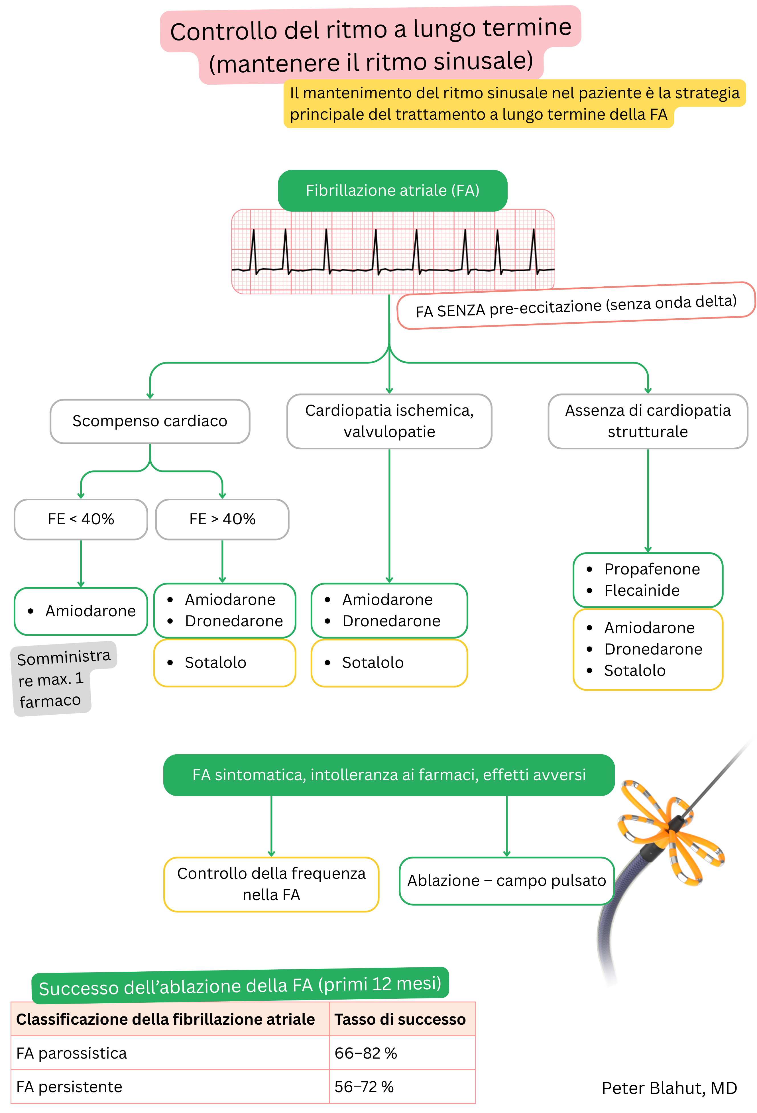 Algoritmo di raccomandazioni per il controllo del ritmo a lungo termine nella fibrillazione atriale con selezione degli antiaritmici in base a cardiopatia strutturale e funzione ventricolare sinistra, inclusa indicazione all’ablazione.