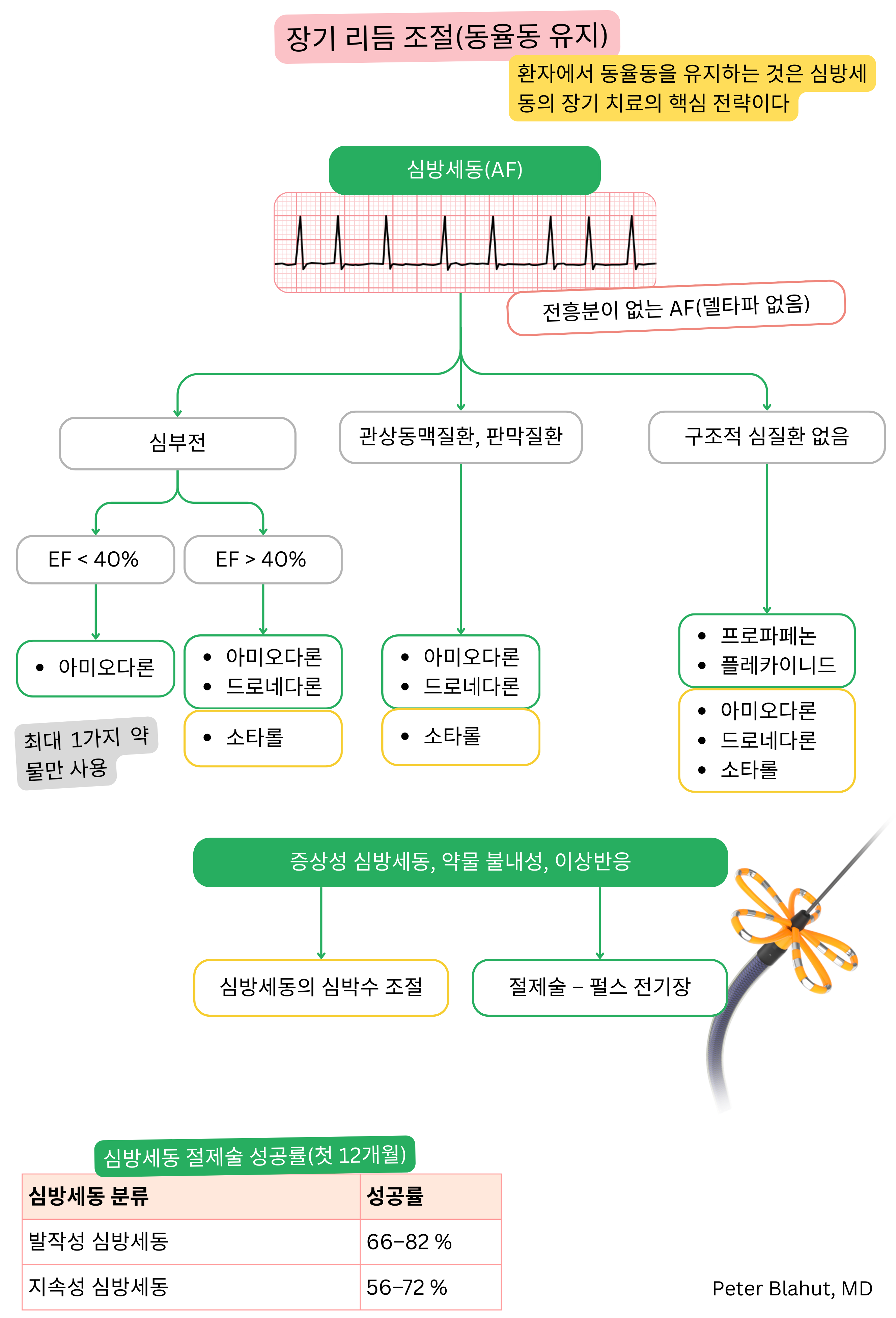 심방세동의 장기 리듬 조절을 위한 권고 알고리즘으로 구조적 심질환과 좌심실 기능에 따른 항부정맥제 선택 및 도자 절제술 적응증을 포함한다.