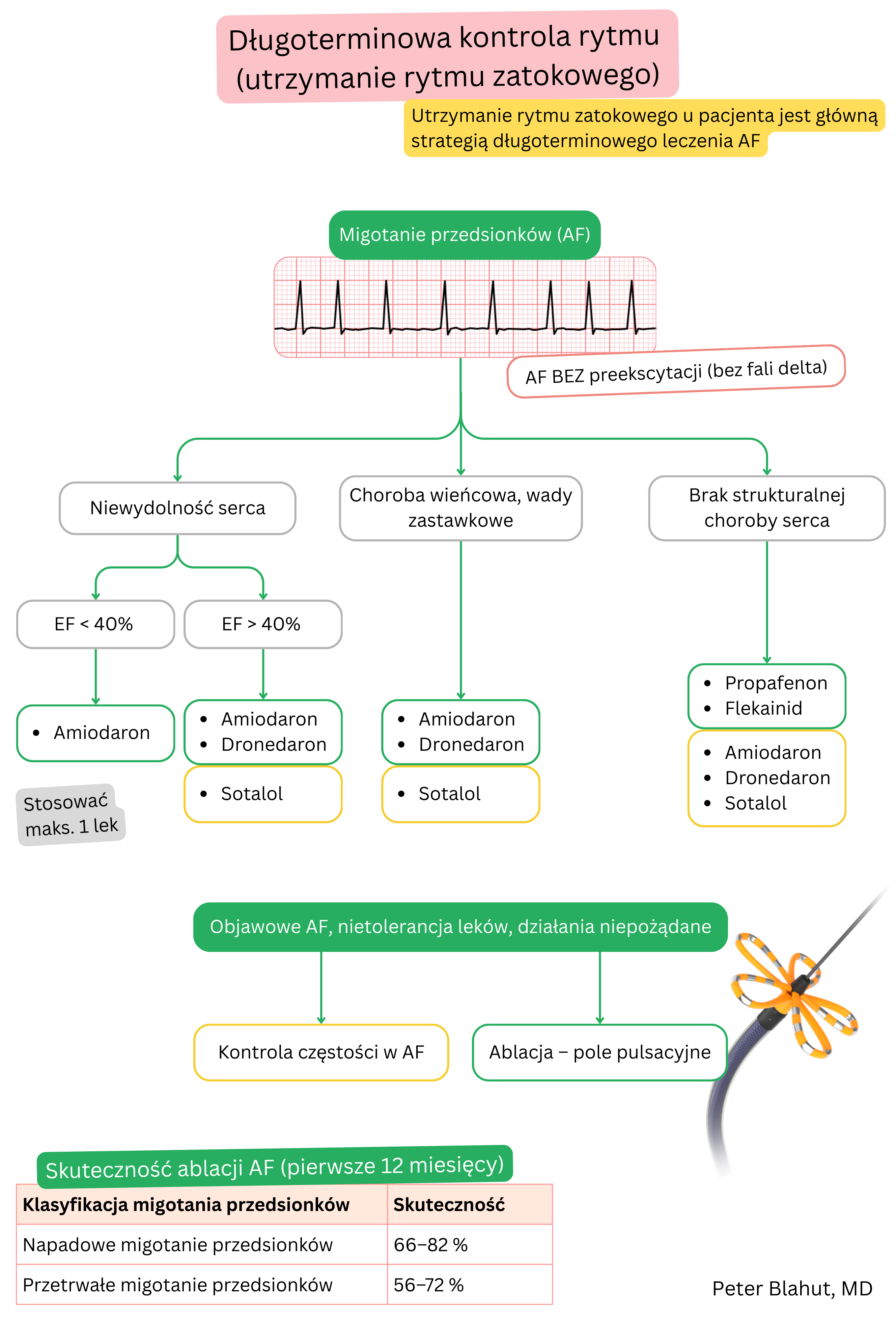 Algorytm zaleceń dotyczących długoterminowej kontroli rytmu w migotaniu przedsionków z doborem leków antyarytmicznych zależnie od choroby strukturalnej serca i funkcji lewej komory, w tym wskazań do ablacji.