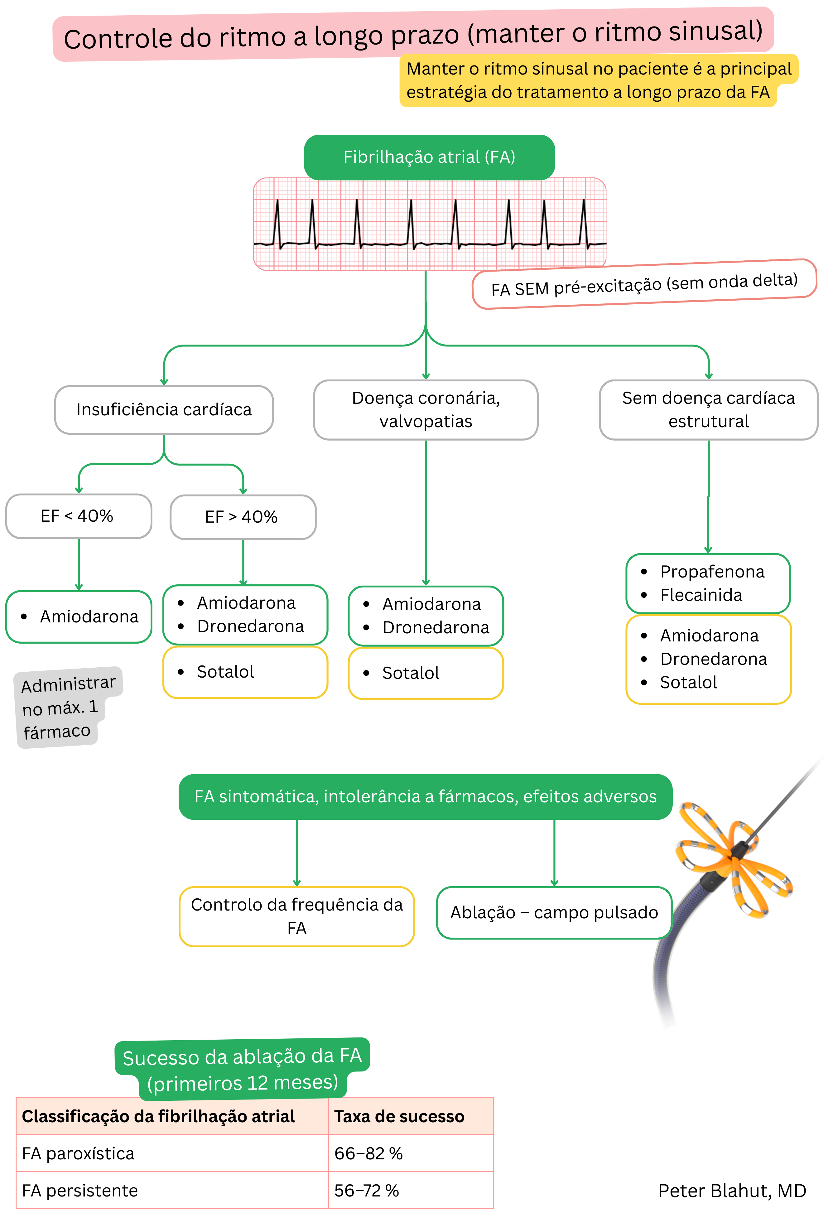 Algoritmo de recomendações para controle de ritmo a longo prazo na fibrilação atrial com seleção de antiarrítmicos conforme doença cardíaca estrutural e função ventricular esquerda, incluindo indicação de ablação.