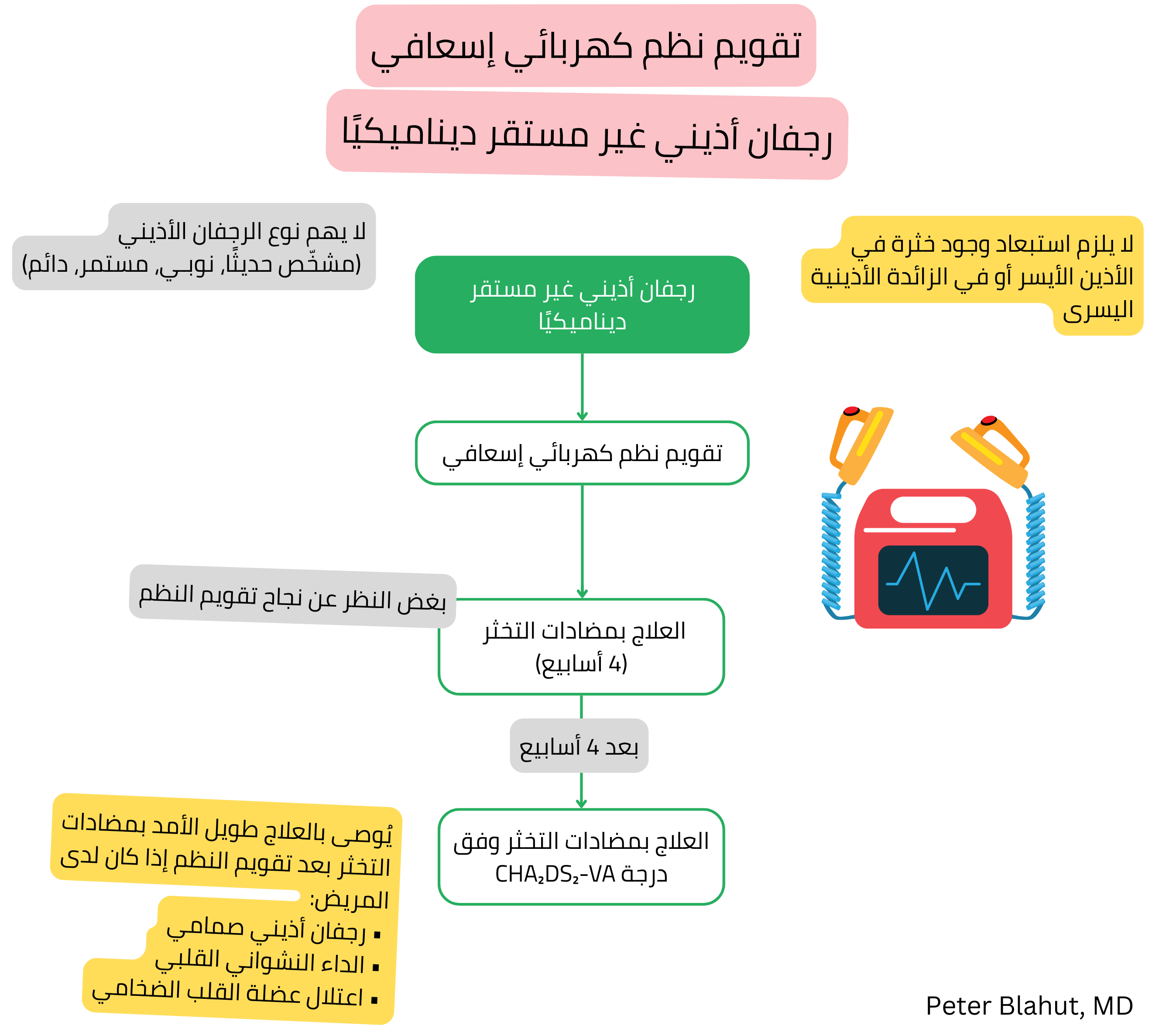 خوارزمية تدبير الرجفان الأذيني غير المستقر ديناميكياً مع تقويم نظم كهربائي عاجل يتبعه علاج مضاد للتخثر وفق درجة CHA₂DS₂-VA.