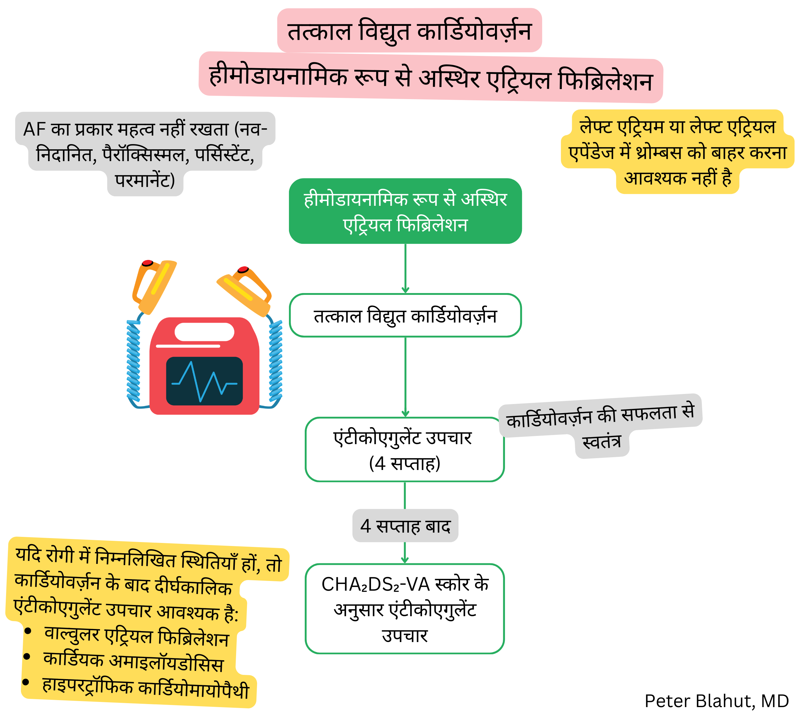 हेमोडायनामिकली अस्थिर एट्रियल फाइब्रिलेशन के प्रबंधन का एल्गोरिदम जिसमें तात्कालिक इलेक्ट्रिकल कार्डियोवर्जन और CHA₂DS₂-VA स्कोर आधारित एंटीकोएगुलेशन शामिल है।