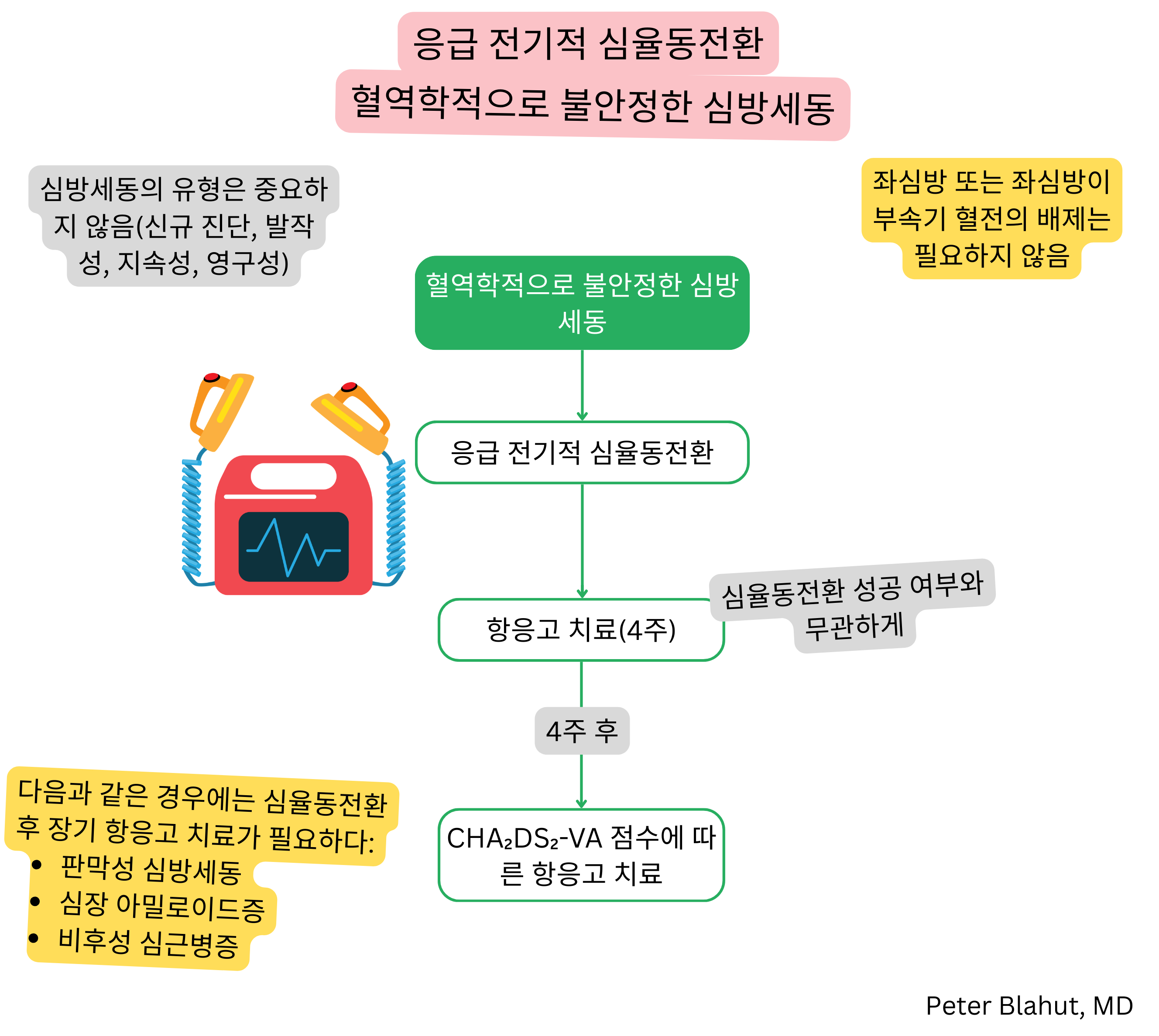 혈역학적으로 불안정한 심방세동의 관리 알고리즘으로 긴급 전기적 심율동전환과 CHA₂DS₂-VA 점수 기반 항응고 치료를 포함한다.