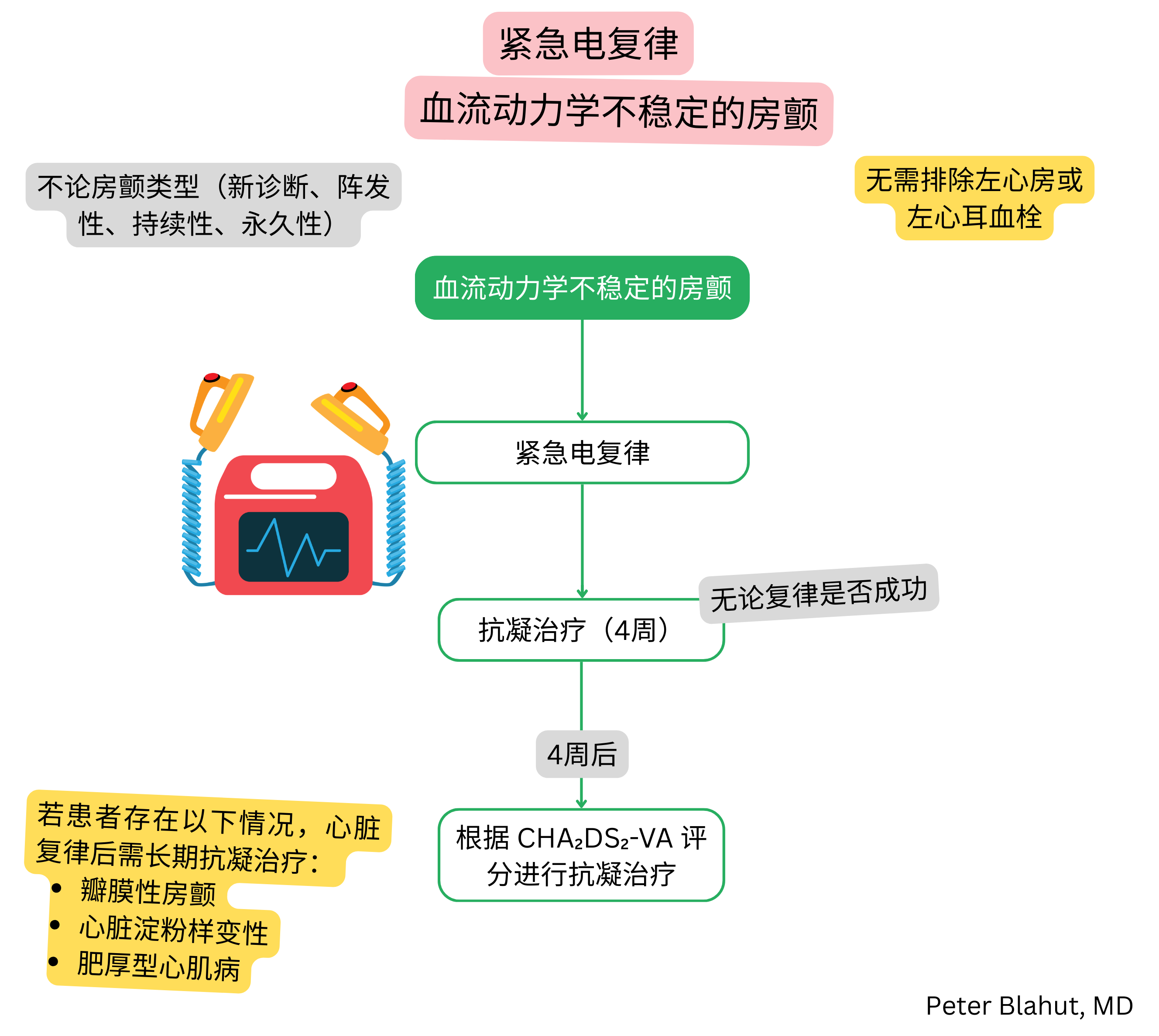 血流动力学不稳定的房颤管理流程，包括紧急电复律及基于CHA₂DS₂-VA评分的后续抗凝治疗。