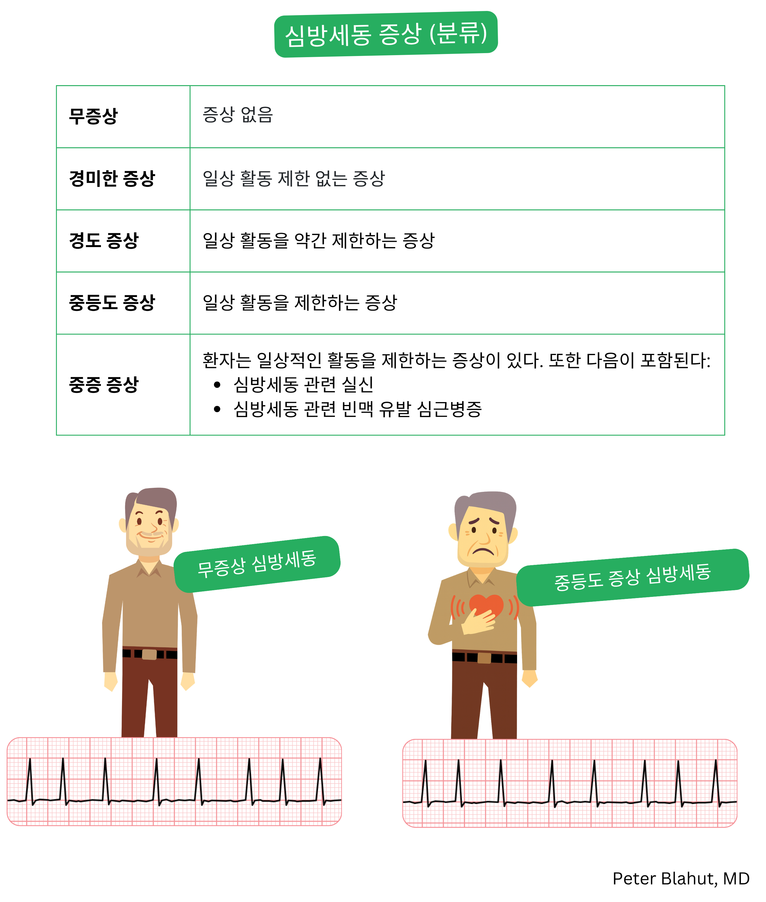 무증상부터 중증 증상형까지 증상 부담 정도에 따라 심방세동의 증상 중증도를 분류하고 임상적 결과를 제시한 표.