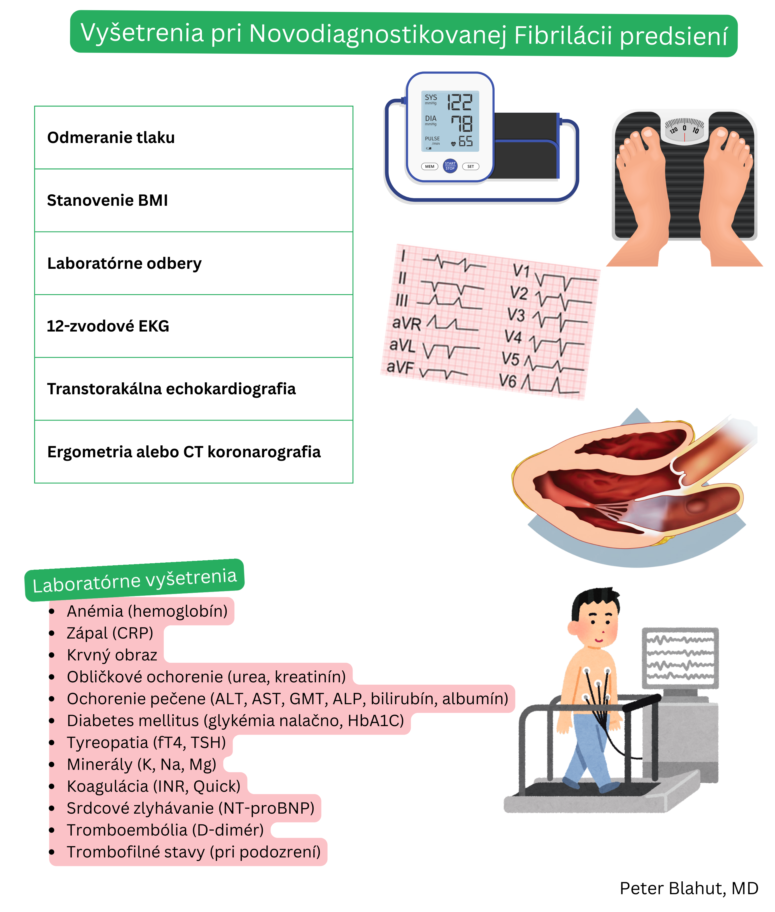 Prehľad odporúčaných vyšetrení pri novodiagnostikovanej fibrilácii predsiení vrátane merania krvného tlaku, BMI, laboratórnych testov, 12-zvodového EKG, transthorakálnej echokardiografie a záťažového testovania alebo CT koronárnej angiografie.