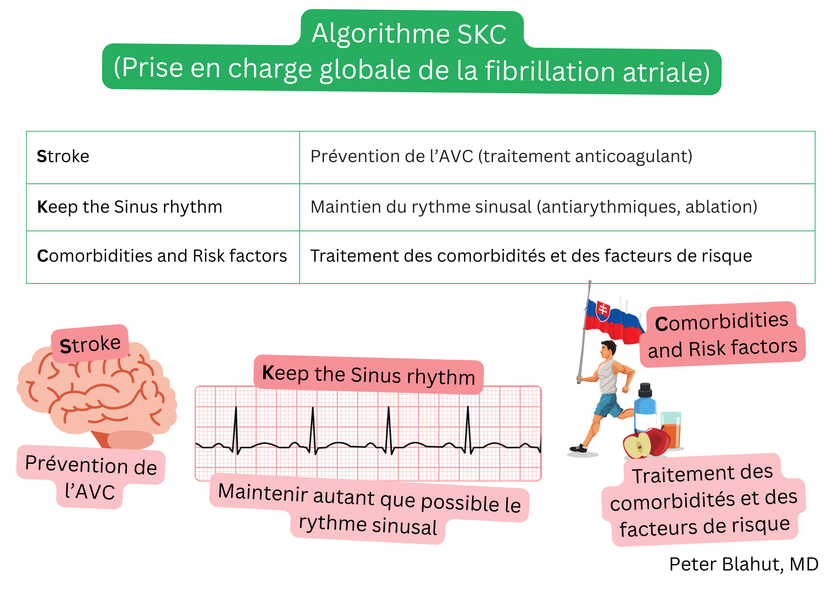 Schéma de l’algorithme SKC de prise en charge globale de la fibrillation auriculaire incluant la prévention de l’AVC par anticoagulation, le maintien du rythme sinusal et le traitement des comorbidités et des facteurs de risque.