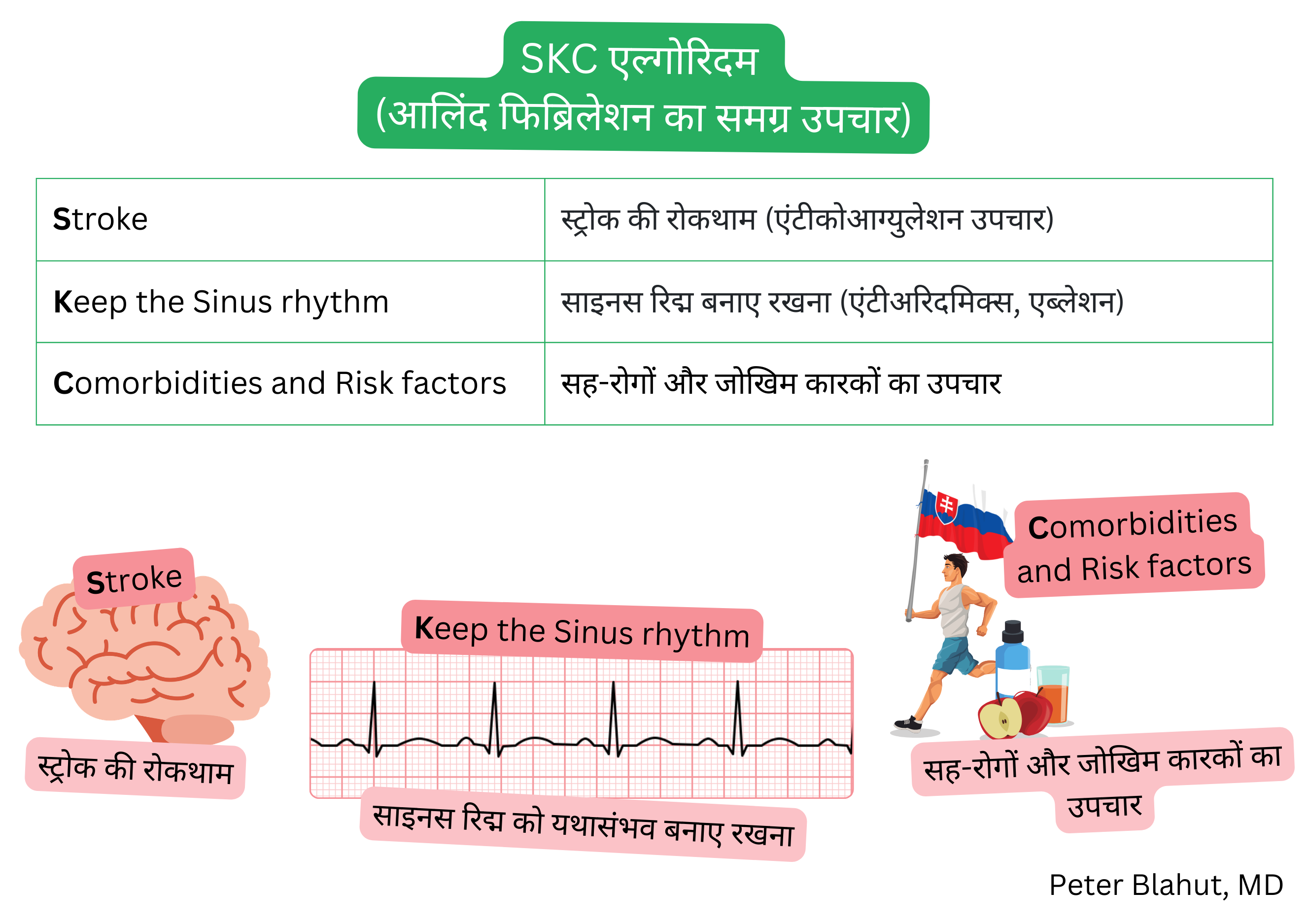 एट्रियल फिब्रिलेशन के समग्र प्रबंधन के SKC एल्गोरिदम का आरेख, जिसमें एंटीकॉगुलेशन द्वारा स्ट्रोक की रोकथाम, साइनस रिद्म का बनाए रखना तथा सह-रोगों और जोखिम कारकों का उपचार शामिल है।