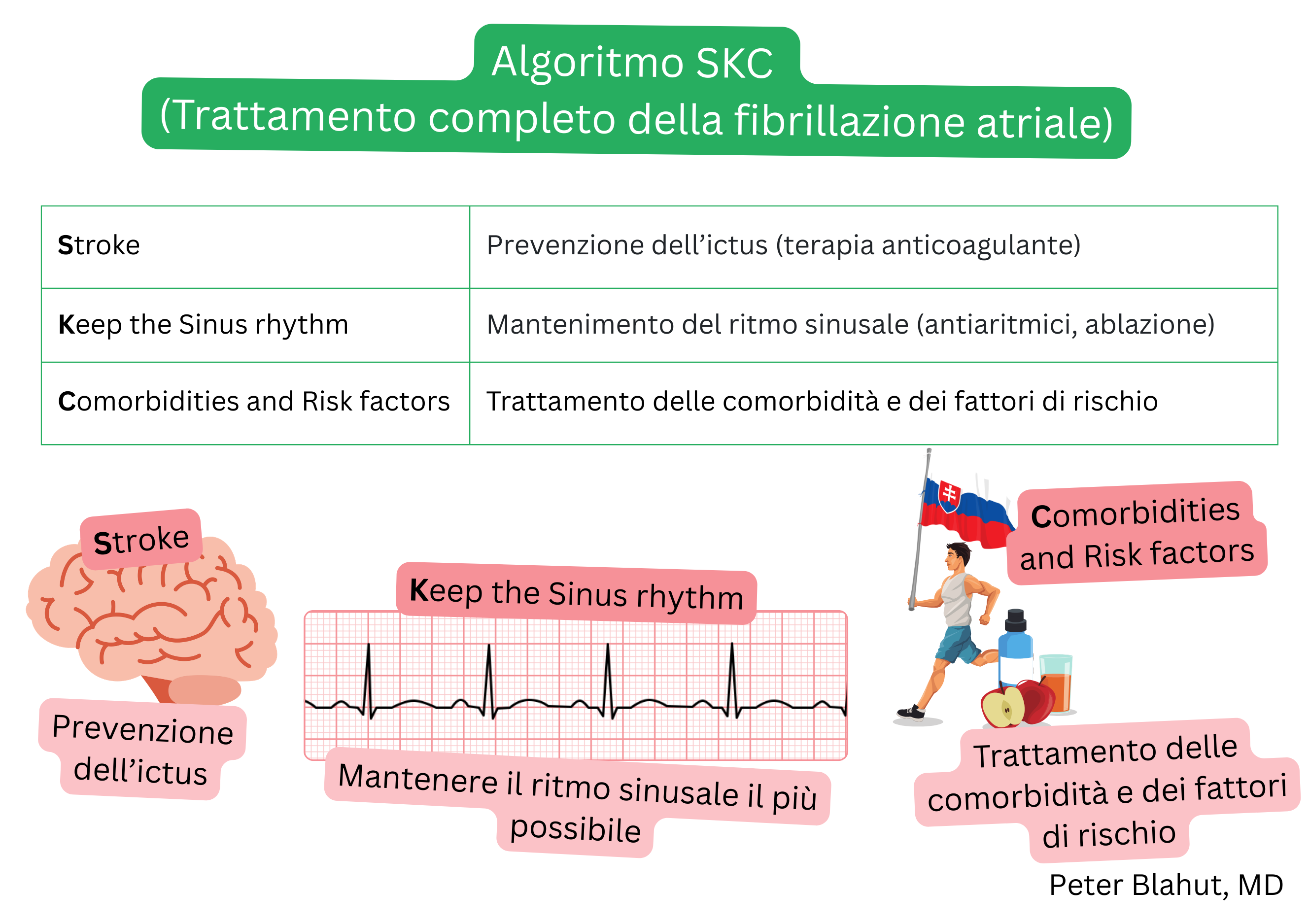 Schema dell’algoritmo SKC per la gestione completa della fibrillazione atriale comprendente prevenzione dell’ictus con anticoagulazione, mantenimento del ritmo sinusale e trattamento delle comorbidità e dei fattori di rischio.