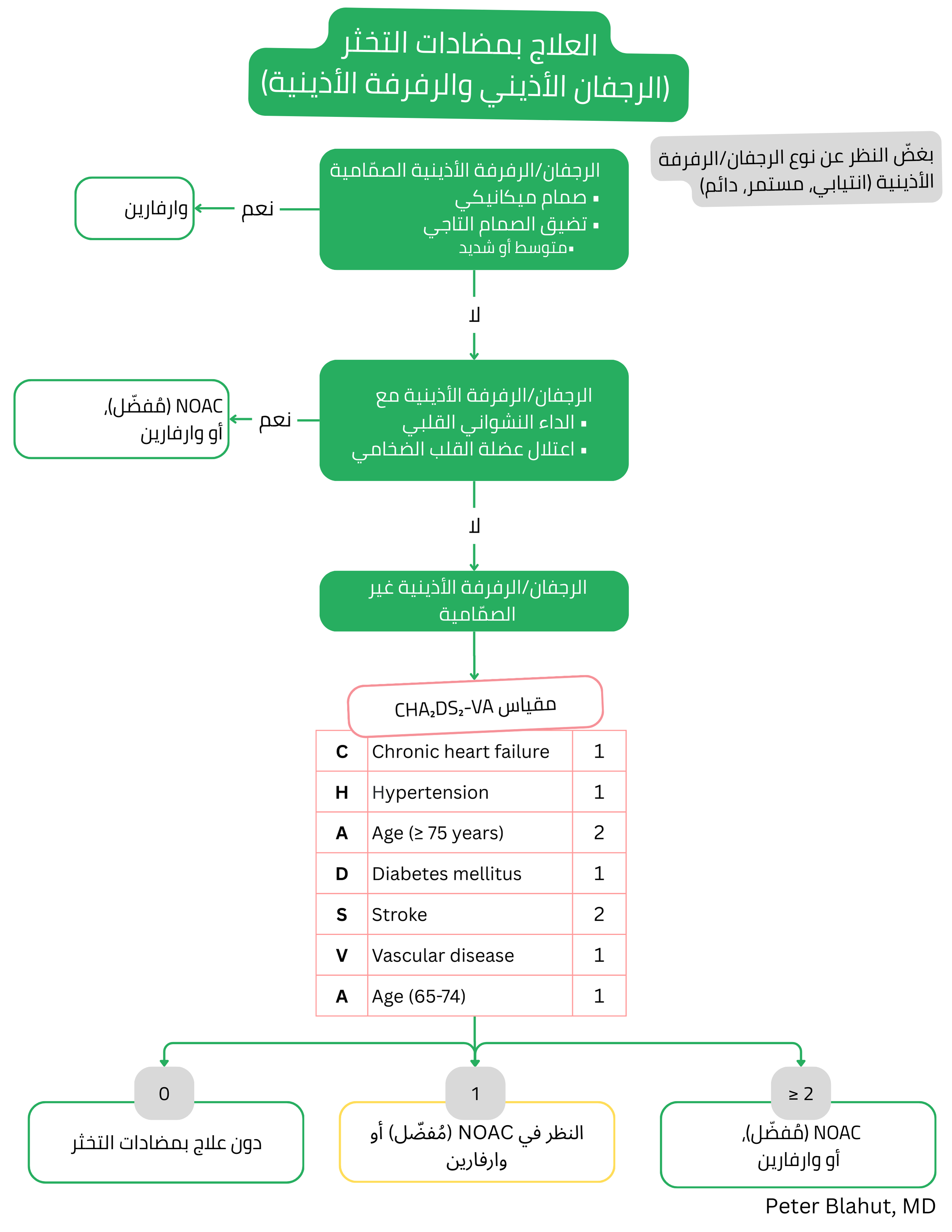 خوارزمية العلاج بمضادات التخثر في الرجفان الأذيني والرفرفة الأذينية وفق وجود سبب صمامي ودرجة CHA2DS2-VA مع التوصية بالوارفارين أو مضادات التخثر الفموية المباشرة.